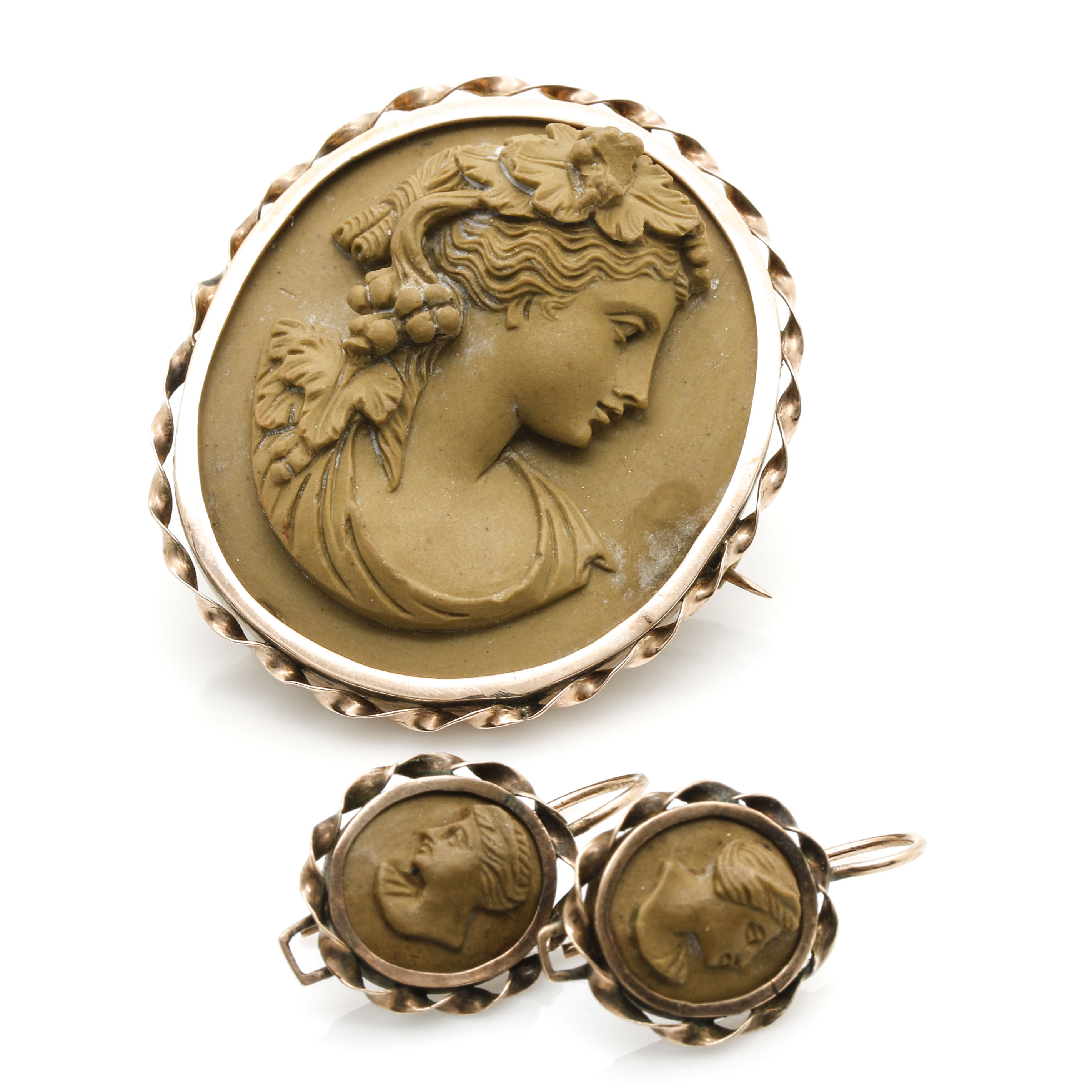 10K Yellow Gold Lava Stone Cameo Brooch and Earrings