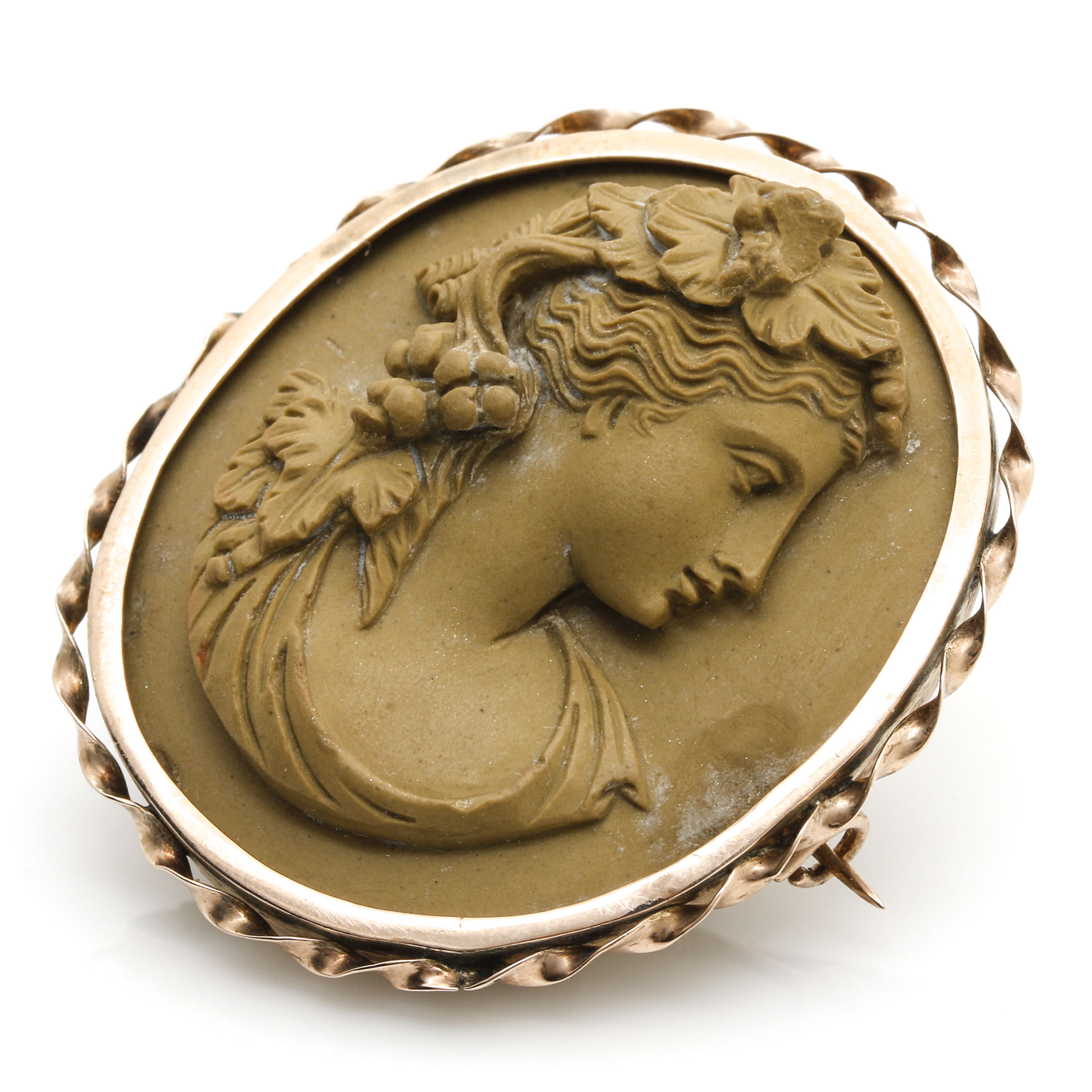 10K Yellow Gold Lava Stone Cameo Brooch and Earrings