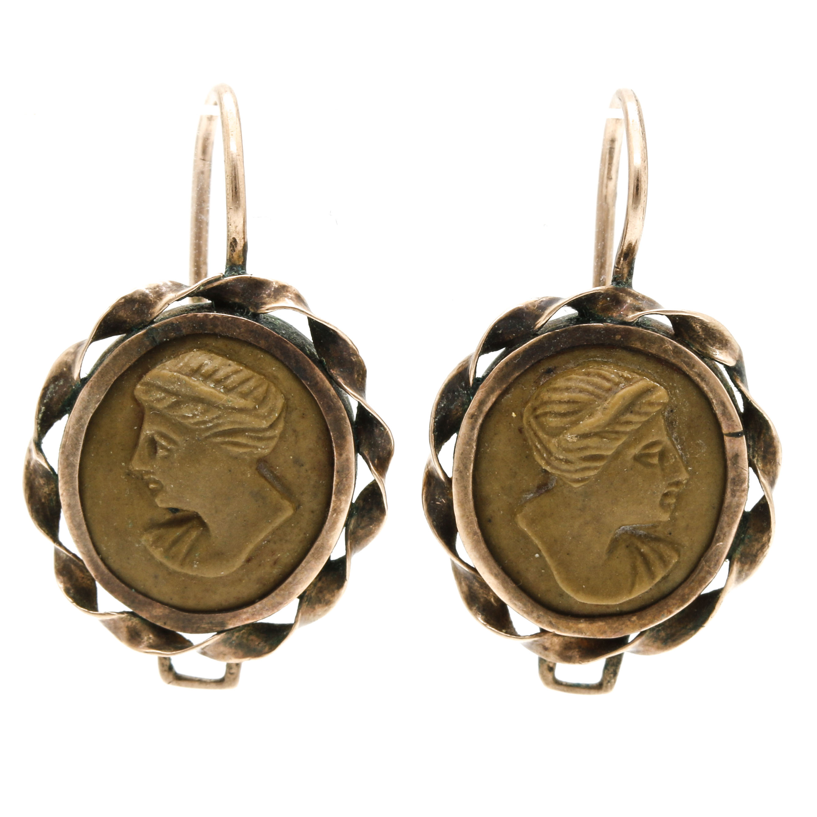 10K Yellow Gold Lava Stone Cameo Brooch and Earrings