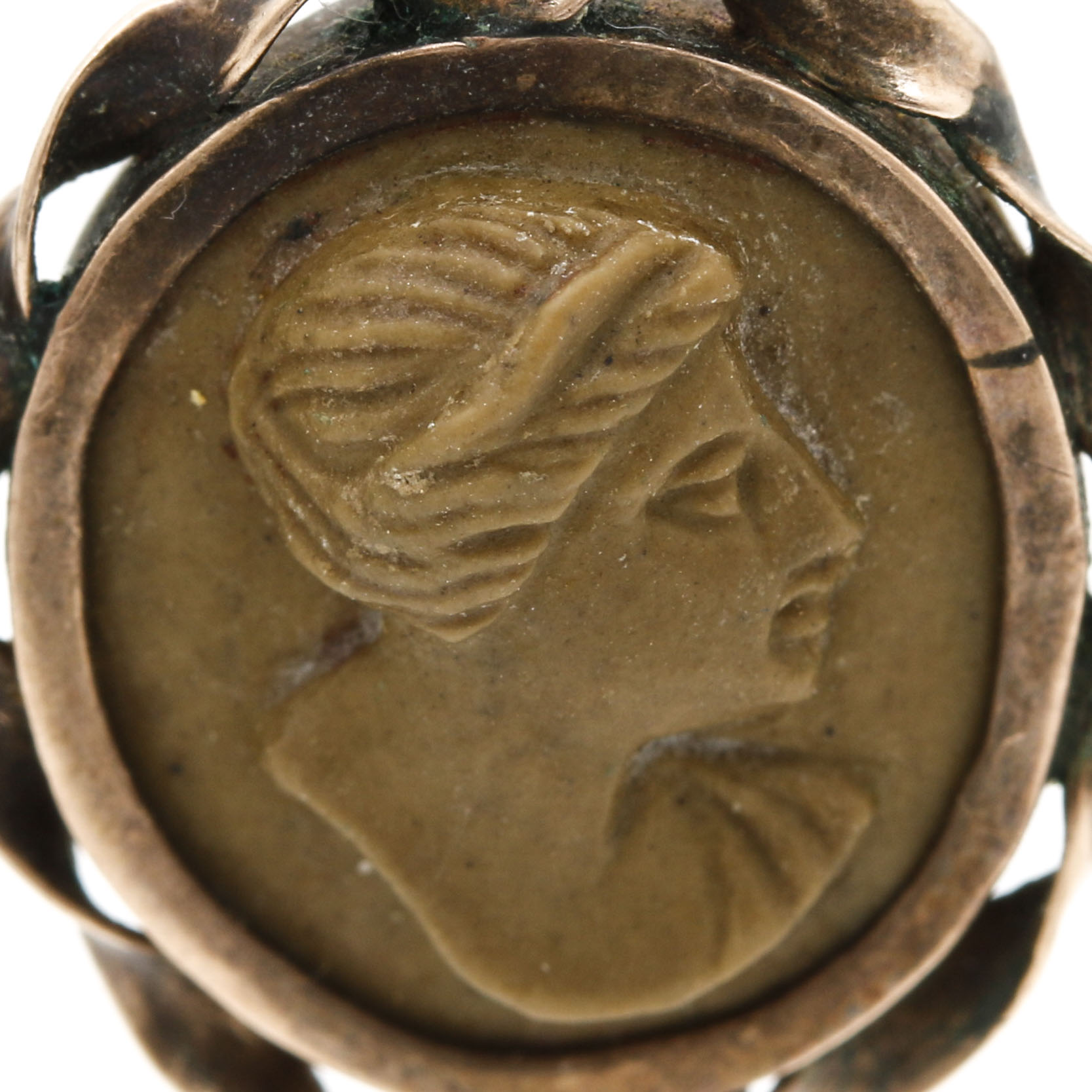 10K Yellow Gold Lava Stone Cameo Brooch and Earrings