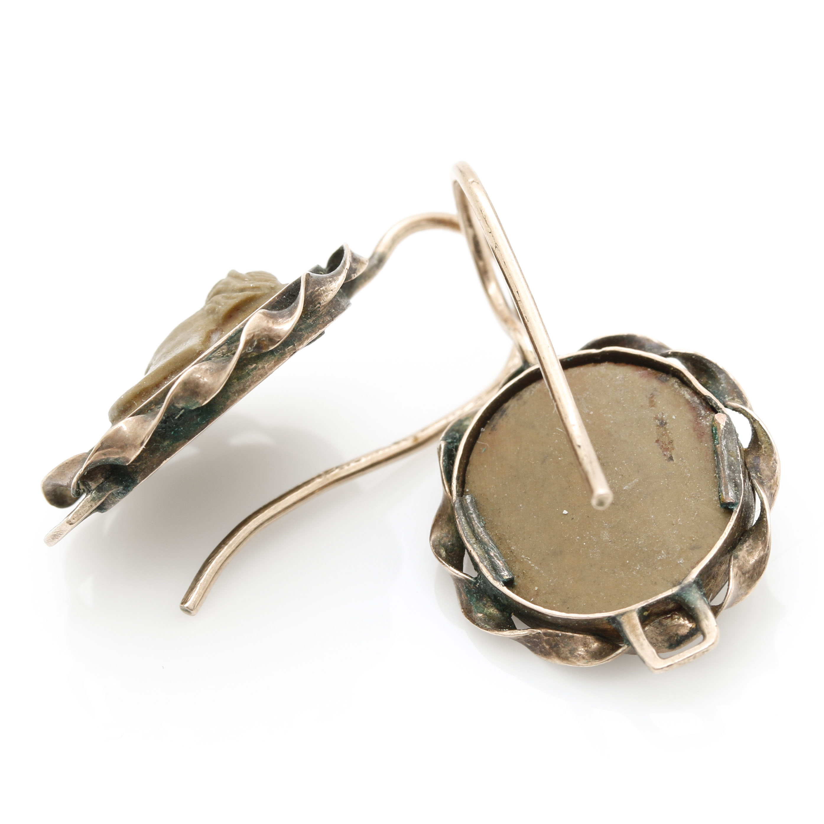 10K Yellow Gold Lava Stone Cameo Brooch and Earrings