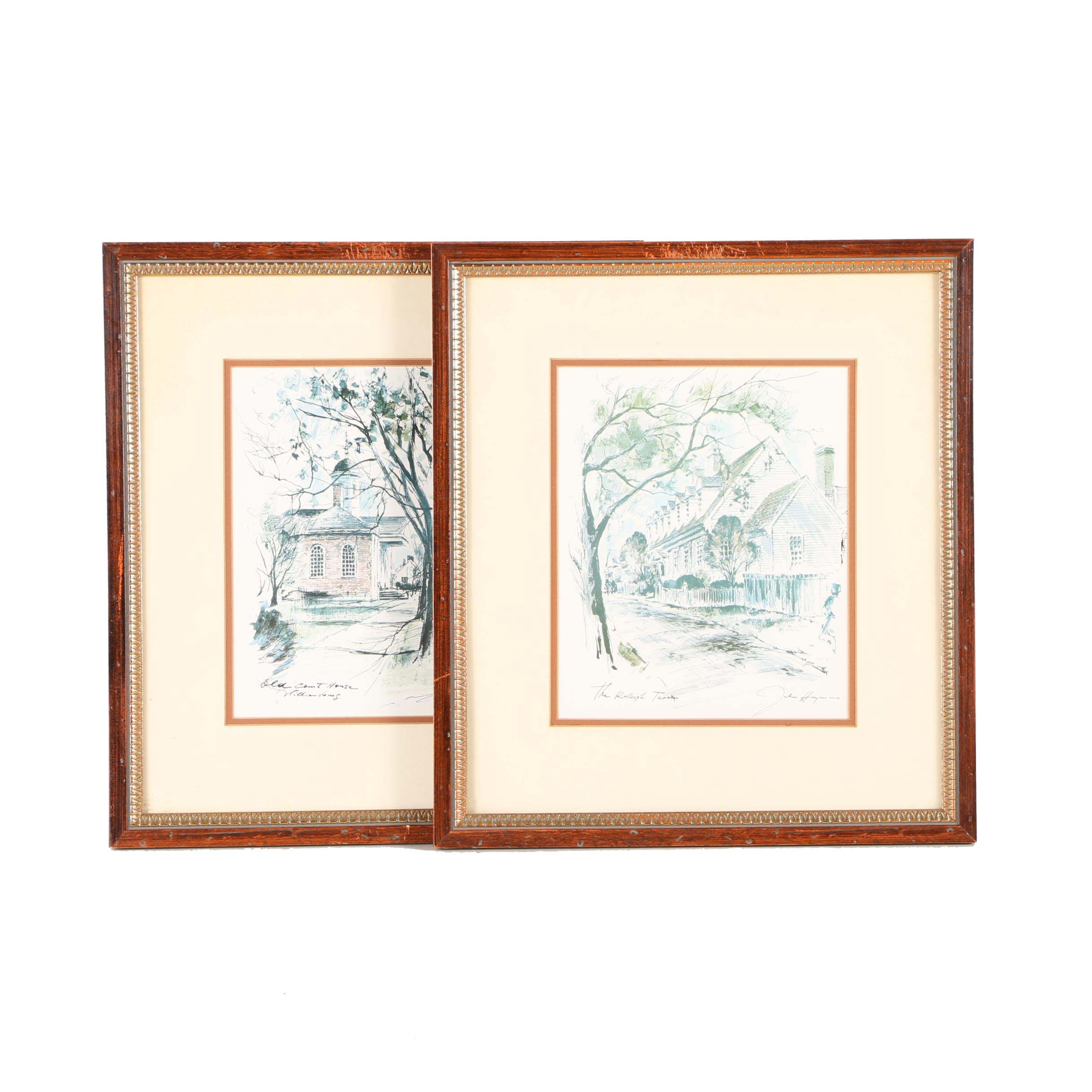 Offset Lithographs After John Haymson "Old Court House Williamsburg" and "The Raleigh Tavern"