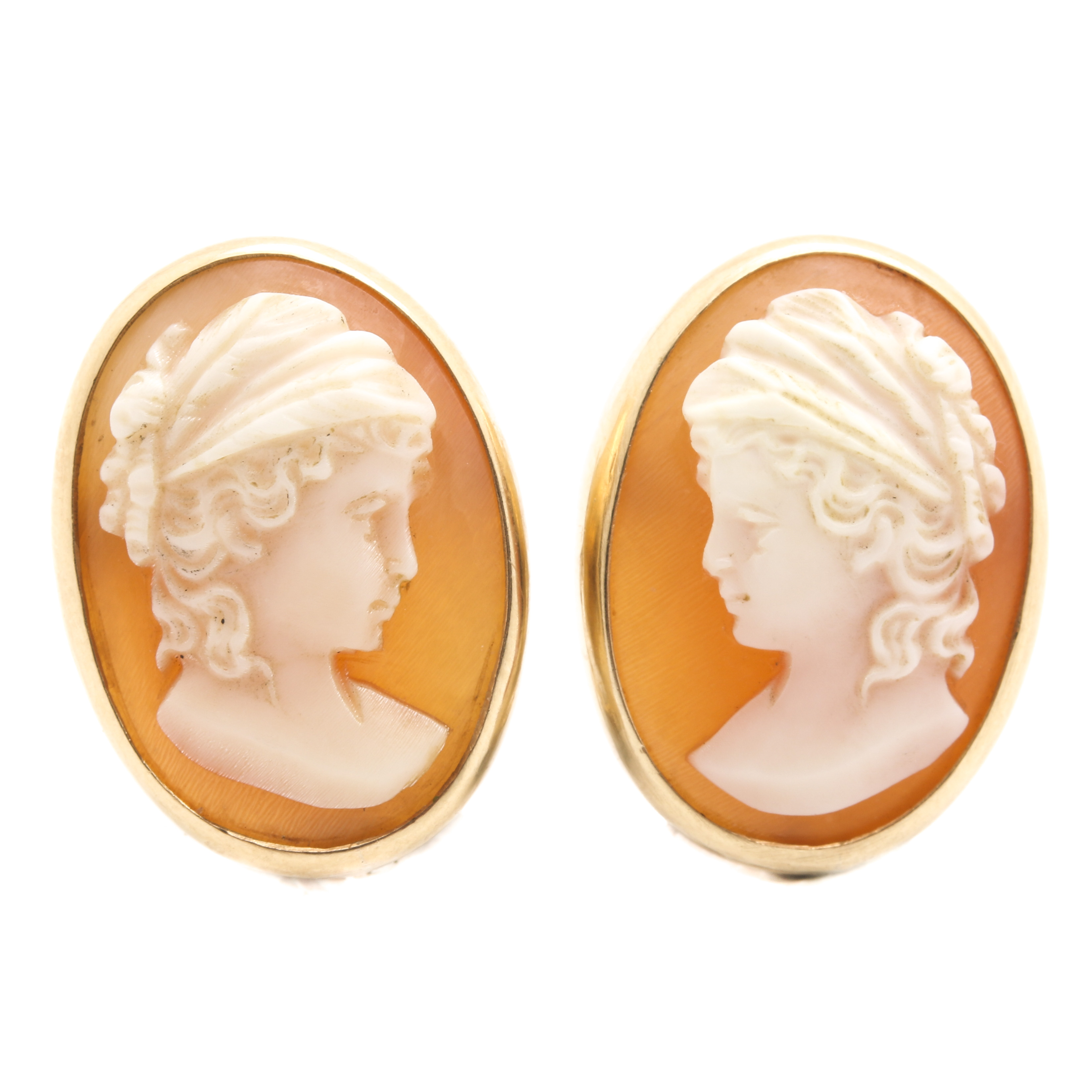 14K Yellow Gold Helmet Shell Cameo Earrings