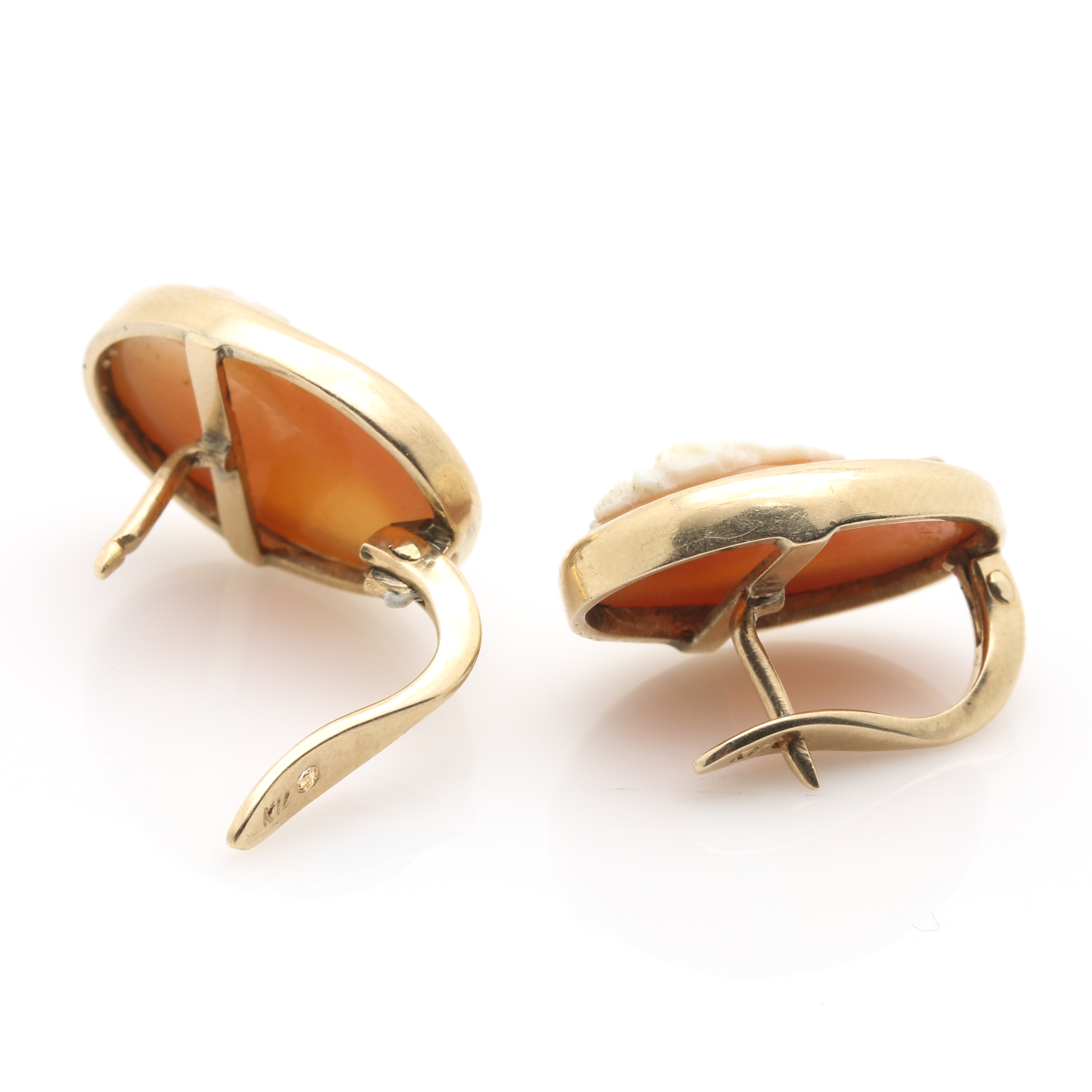14K Yellow Gold Helmet Shell Cameo Earrings