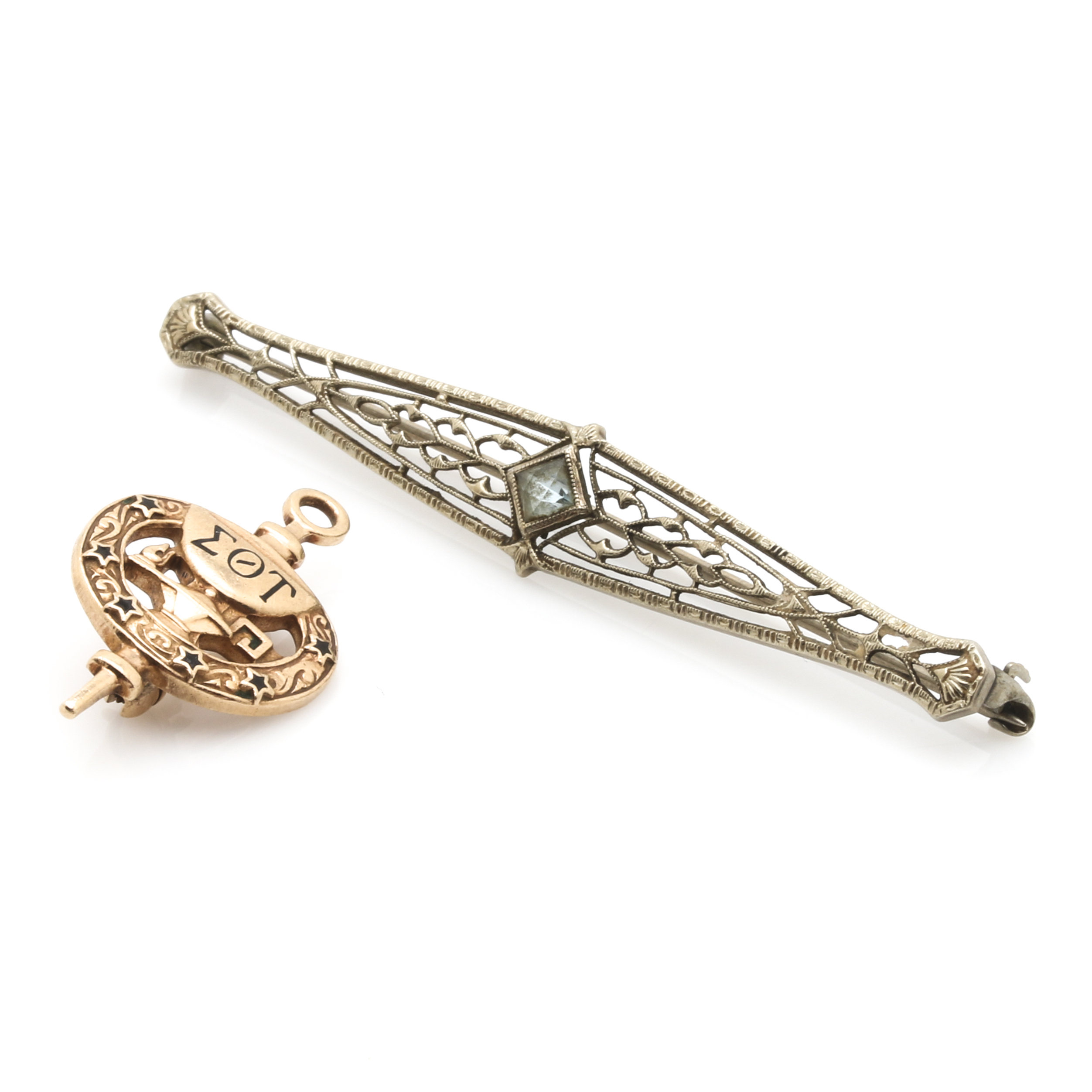 10K Two Tone Gold Edwardian Brooch and Sigma Theta Tau Society Key Pin
