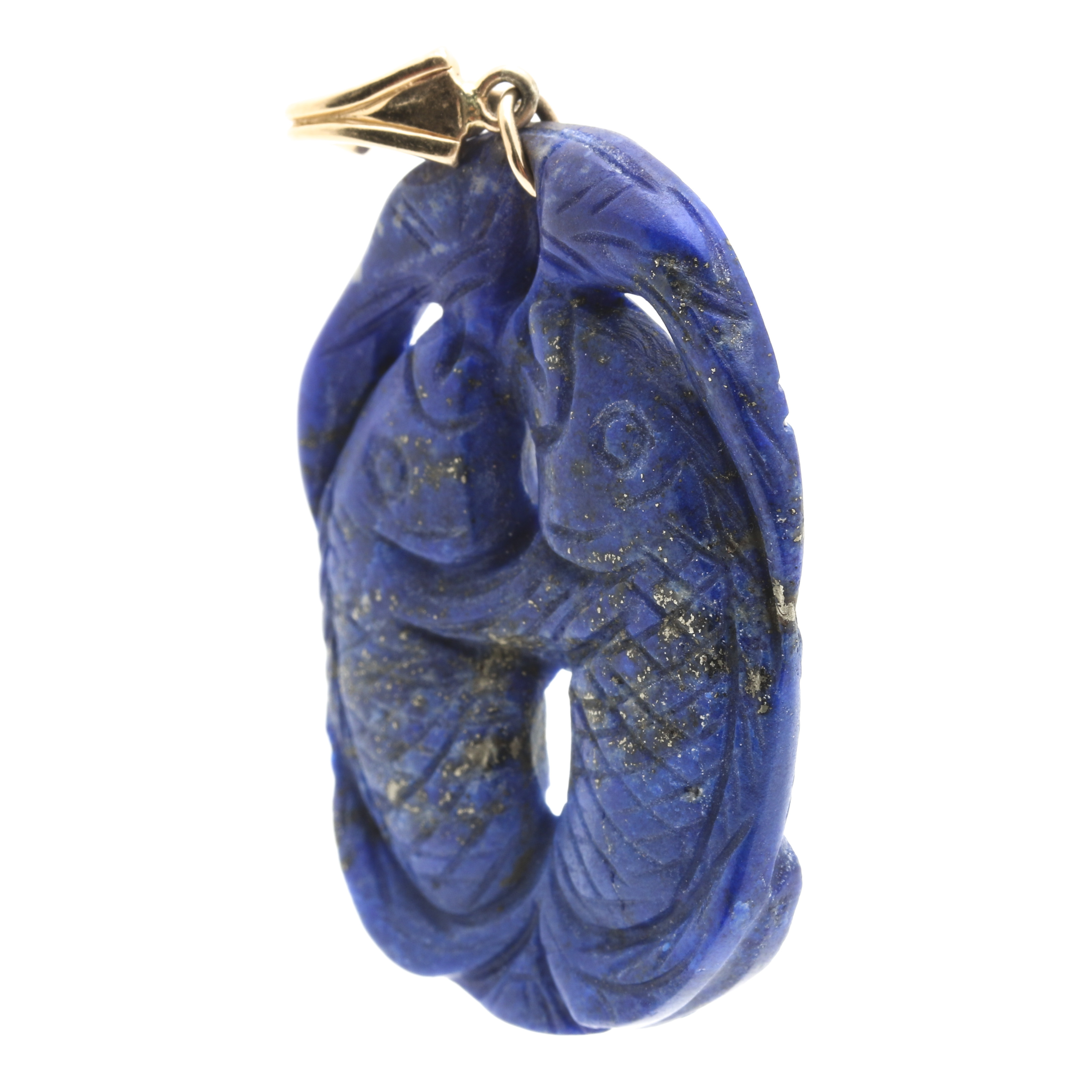 Chinese Style 14K Yellow Gold Lapis Lazuli Carved Koi Fish Reversible Enhancer Pendant