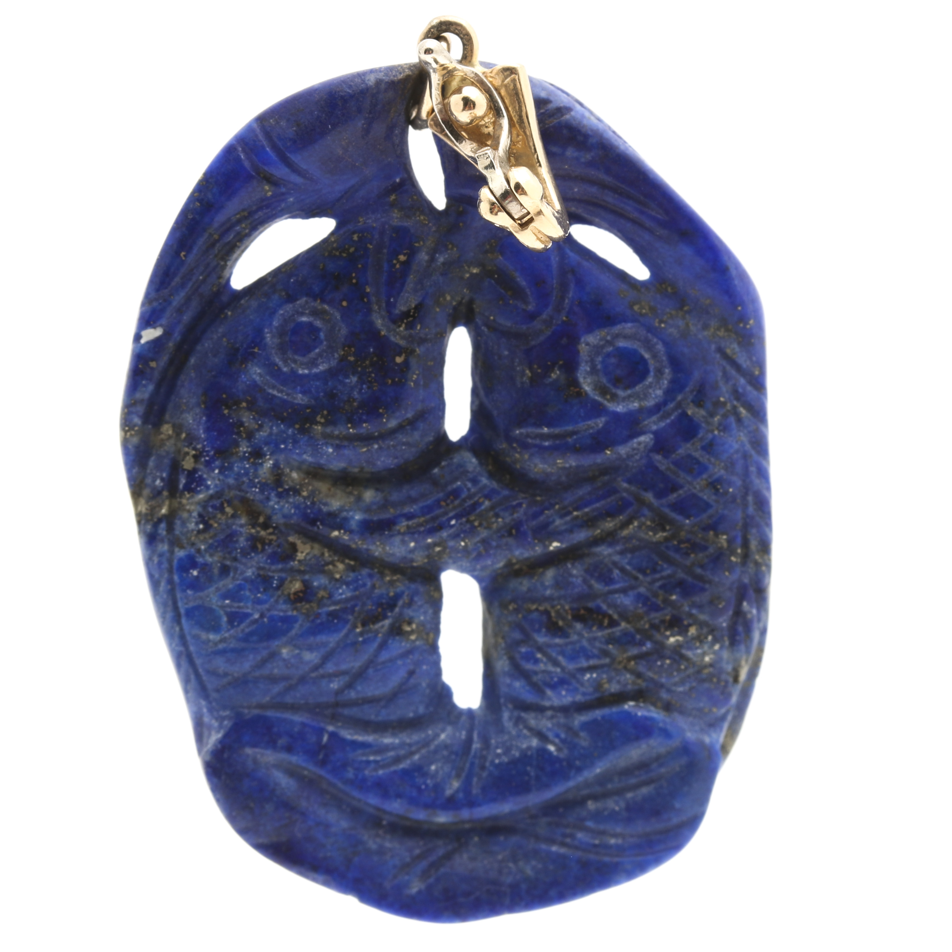 Chinese Style 14K Yellow Gold Lapis Lazuli Carved Koi Fish Reversible Enhancer Pendant
