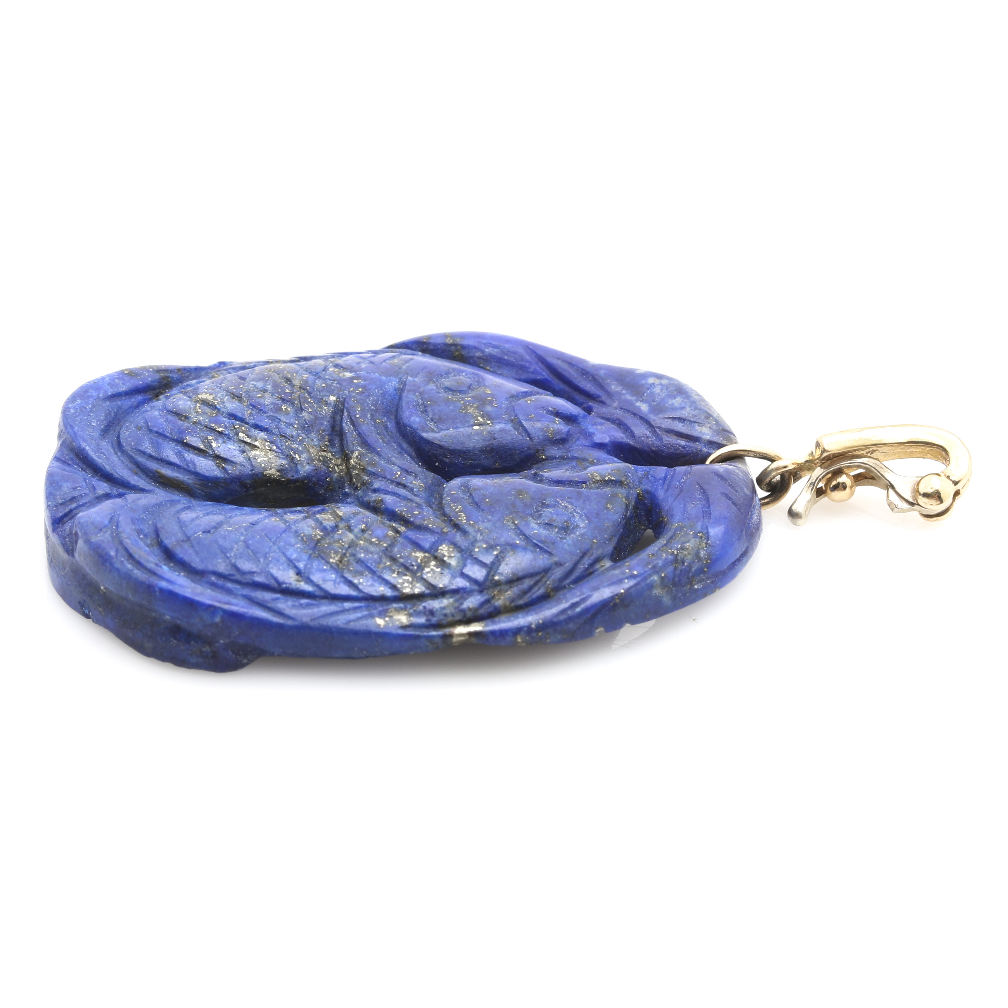 Chinese Style 14K Yellow Gold Lapis Lazuli Carved Koi Fish Reversible Enhancer Pendant