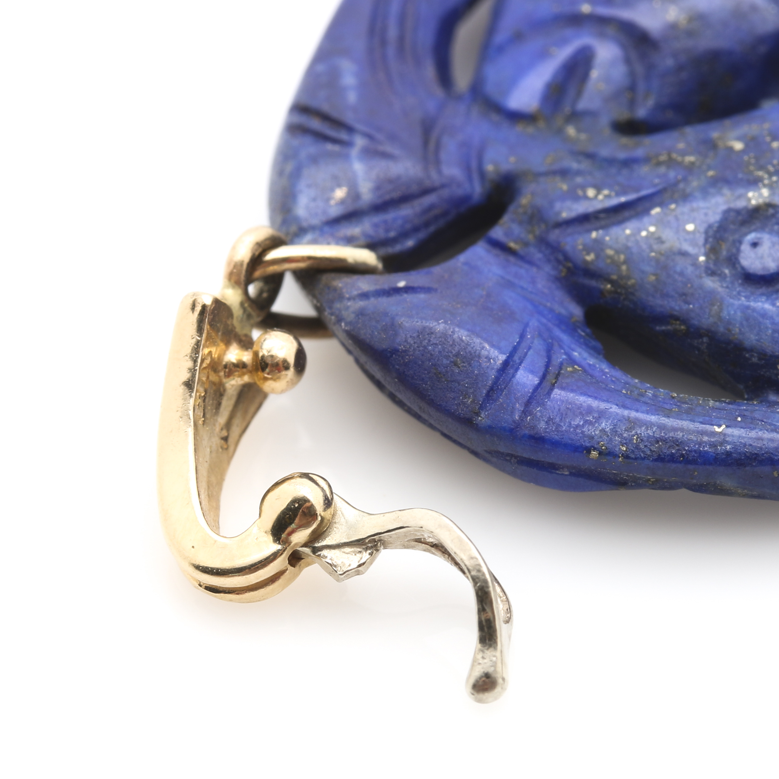 Chinese Style 14K Yellow Gold Lapis Lazuli Carved Koi Fish Reversible Enhancer Pendant