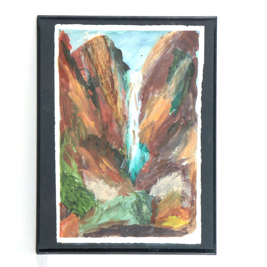 Gouache Painting on Paper of Abstract Waterfall
