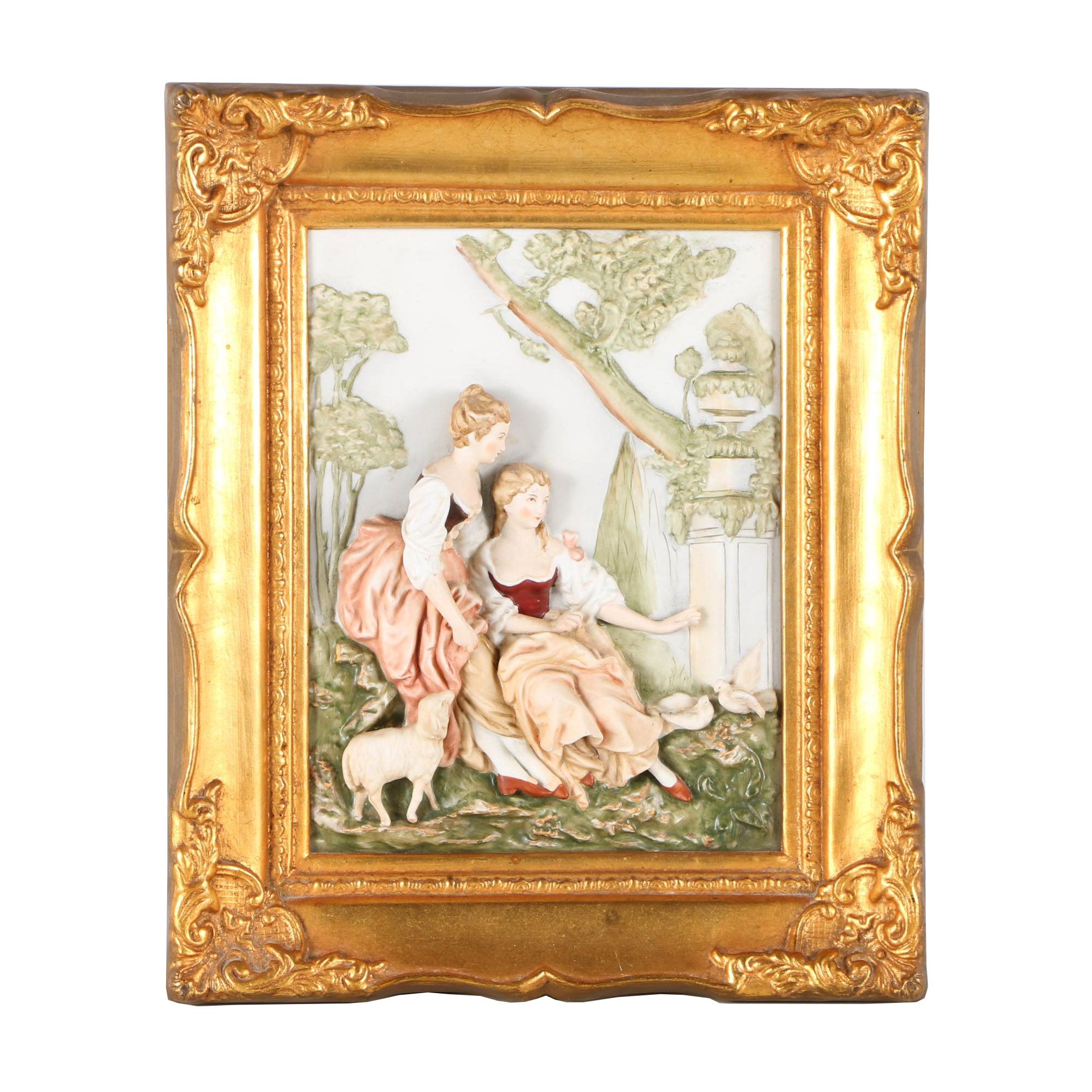 Framed Porcelain Relief Sculpture of Women