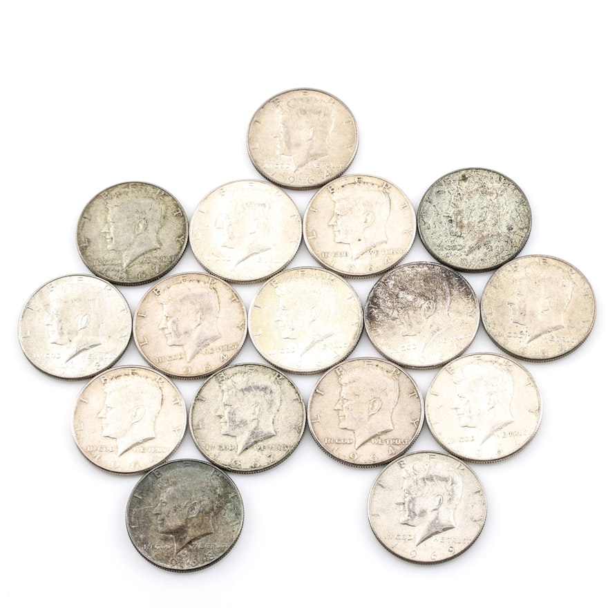 Group of (16) Silver and Silver Clad Kennedy Half Dollars 1964-1969