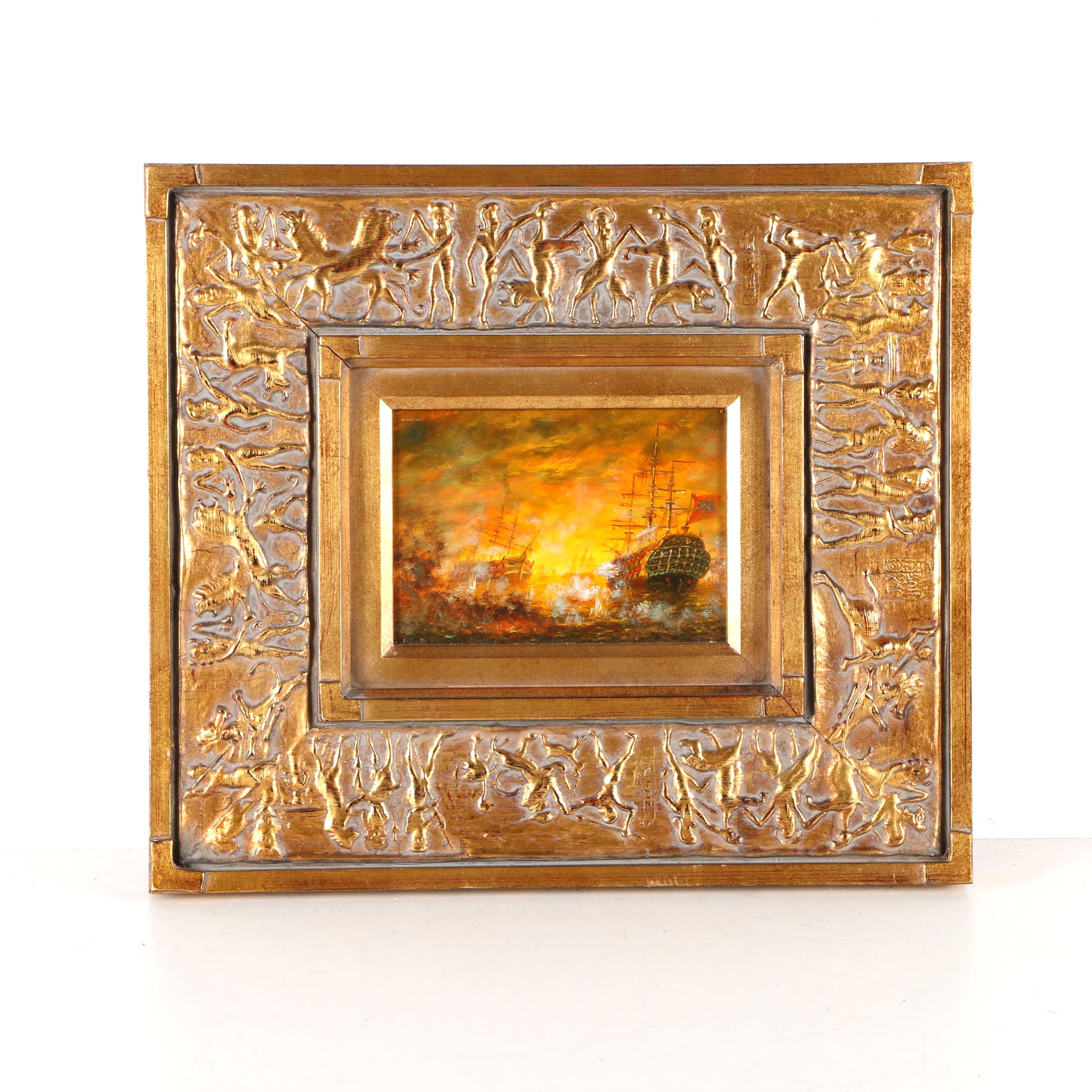 Oil Painting on Wood of a Naval Battle