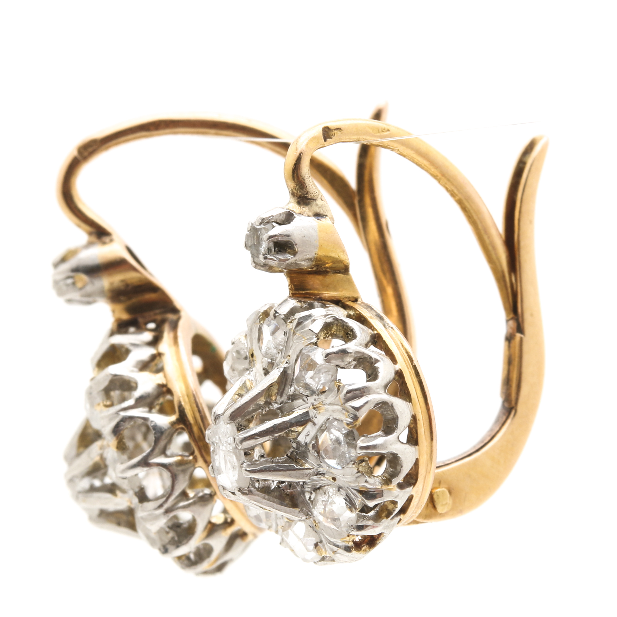 Late Victorian Platinum and 18K Yellow Gold Diamond Earrings