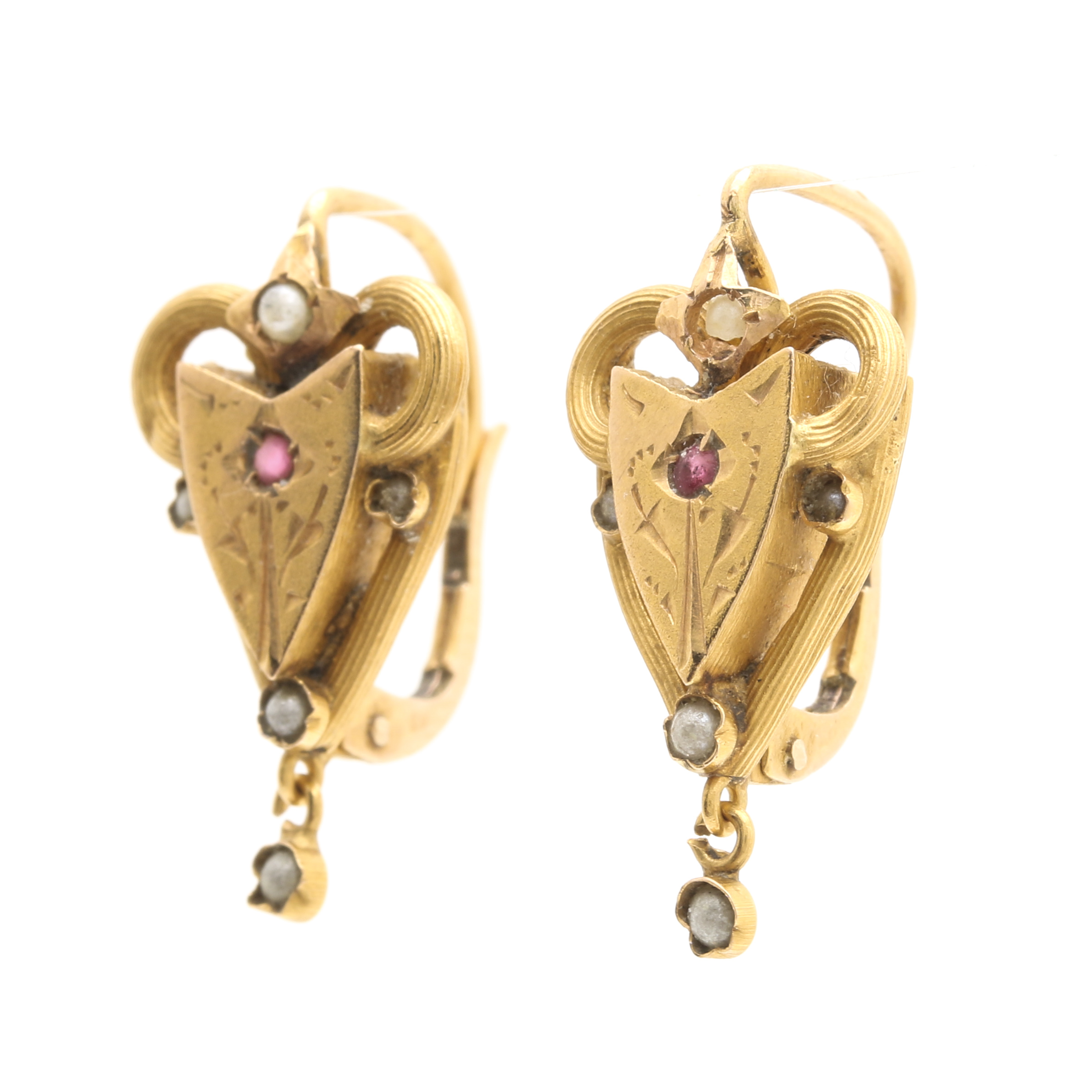 Victorian 18K Yellow Gold Faux Pearl and Glass Bead Earrings