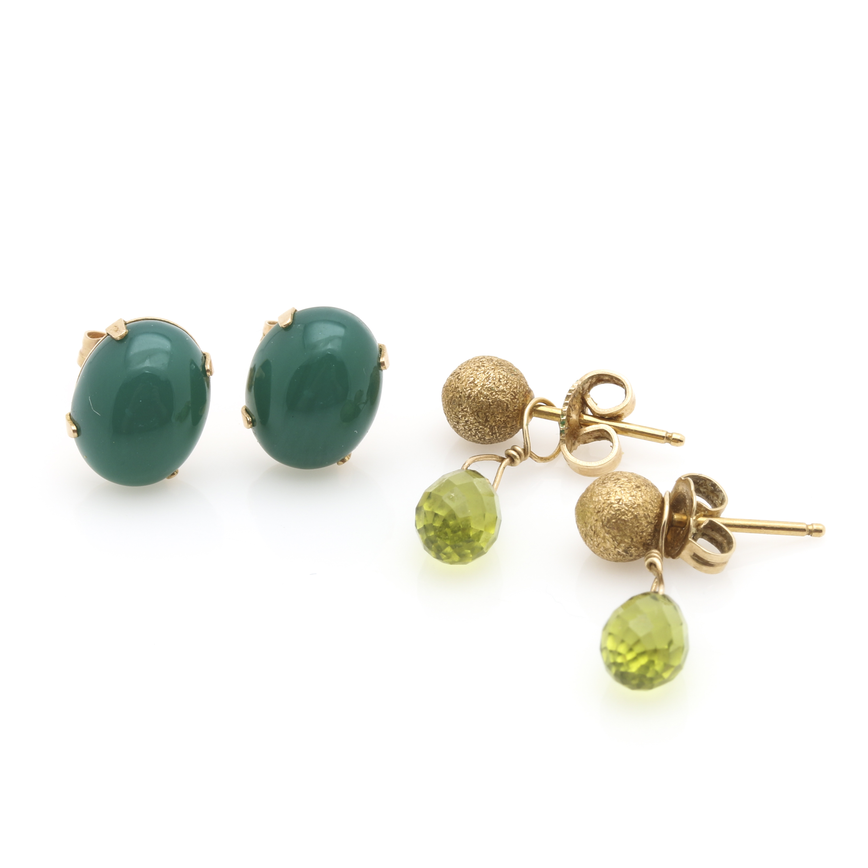 Two Pairs of 14K Yellow Gold Earrings Featuring Peridot and Chalcedony