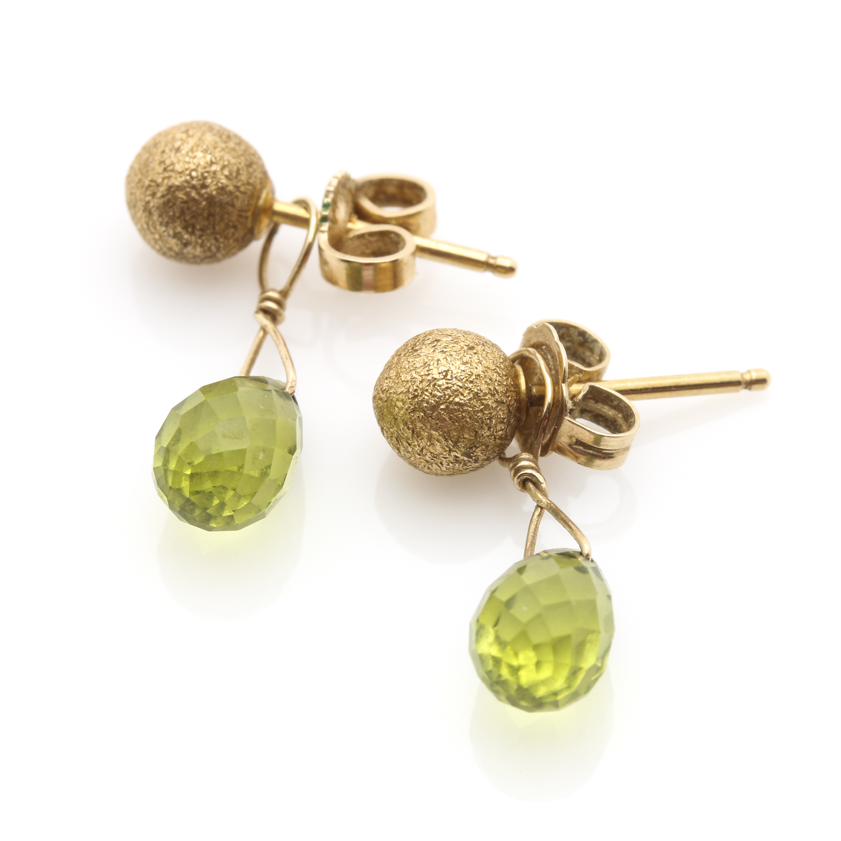 Two Pairs of 14K Yellow Gold Earrings Featuring Peridot and Chalcedony