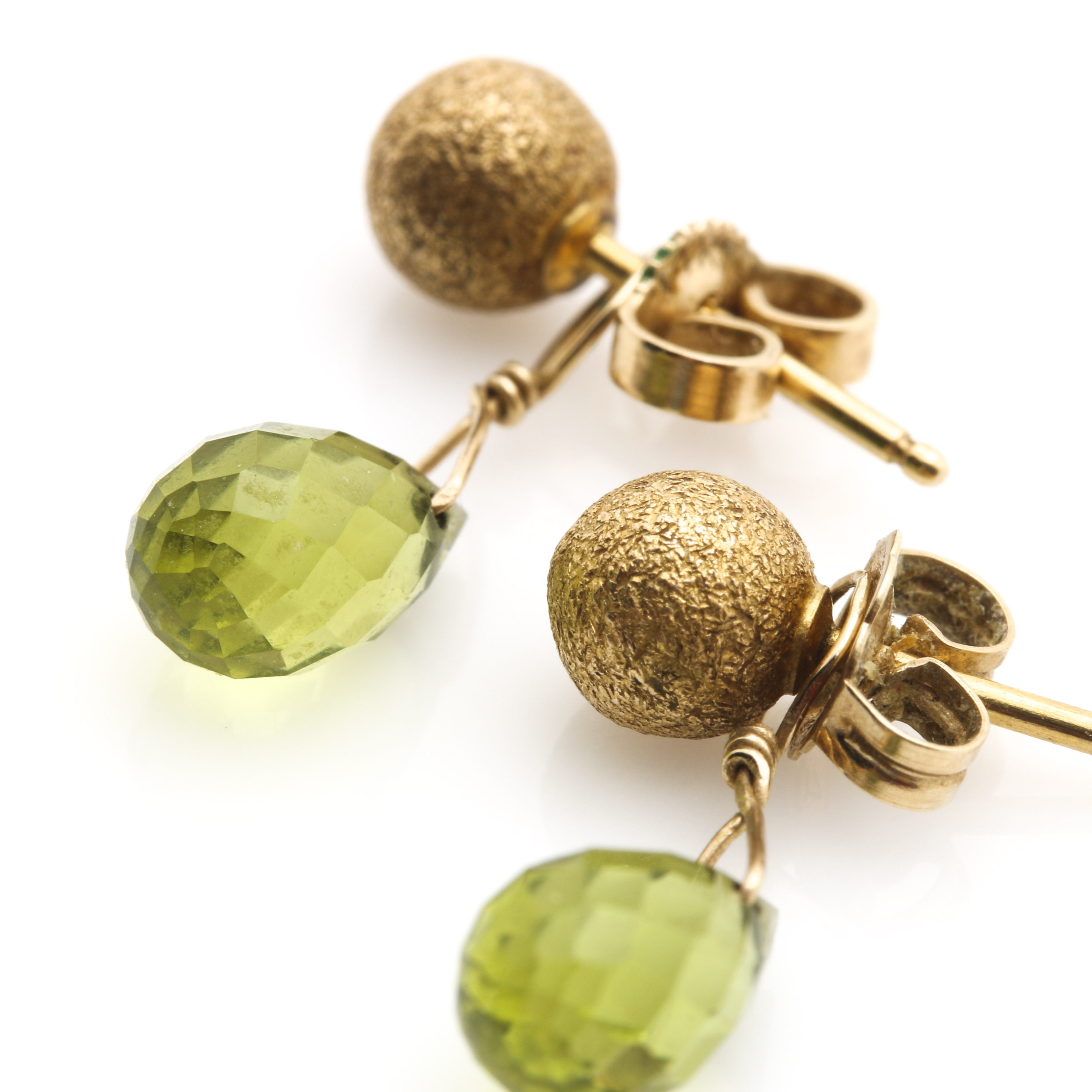 Two Pairs of 14K Yellow Gold Earrings Featuring Peridot and Chalcedony