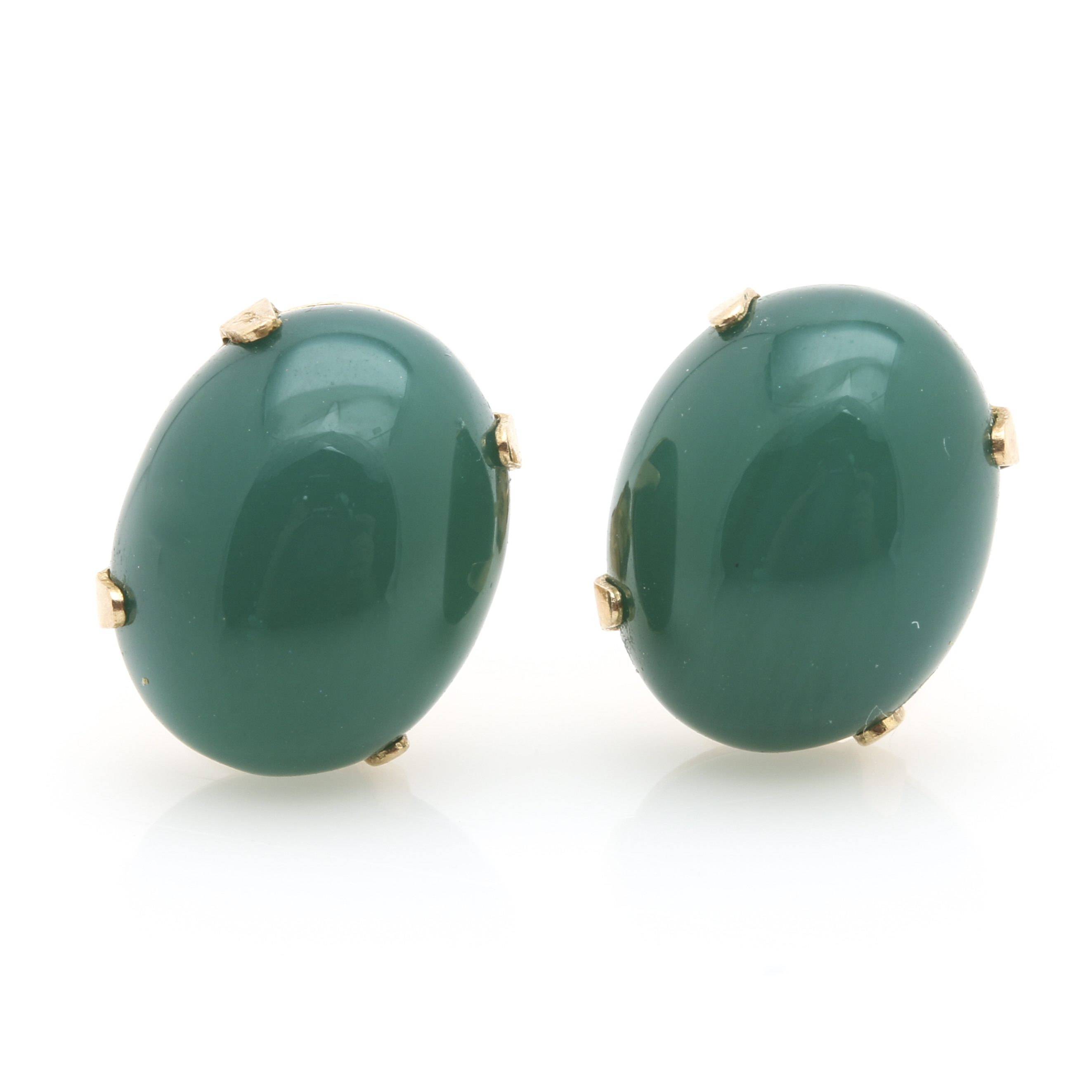 Two Pairs of 14K Yellow Gold Earrings Featuring Peridot and Chalcedony