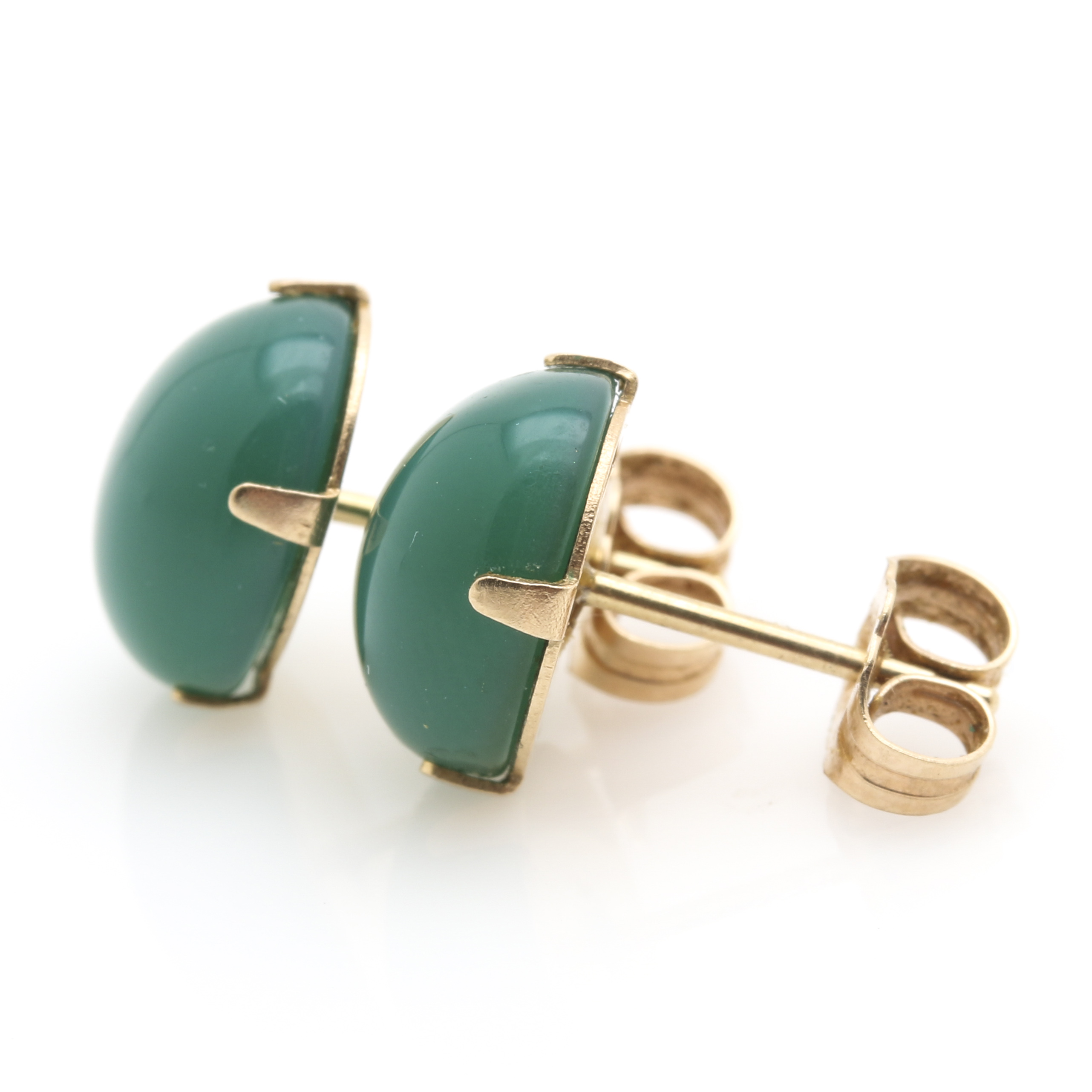 Two Pairs of 14K Yellow Gold Earrings Featuring Peridot and Chalcedony