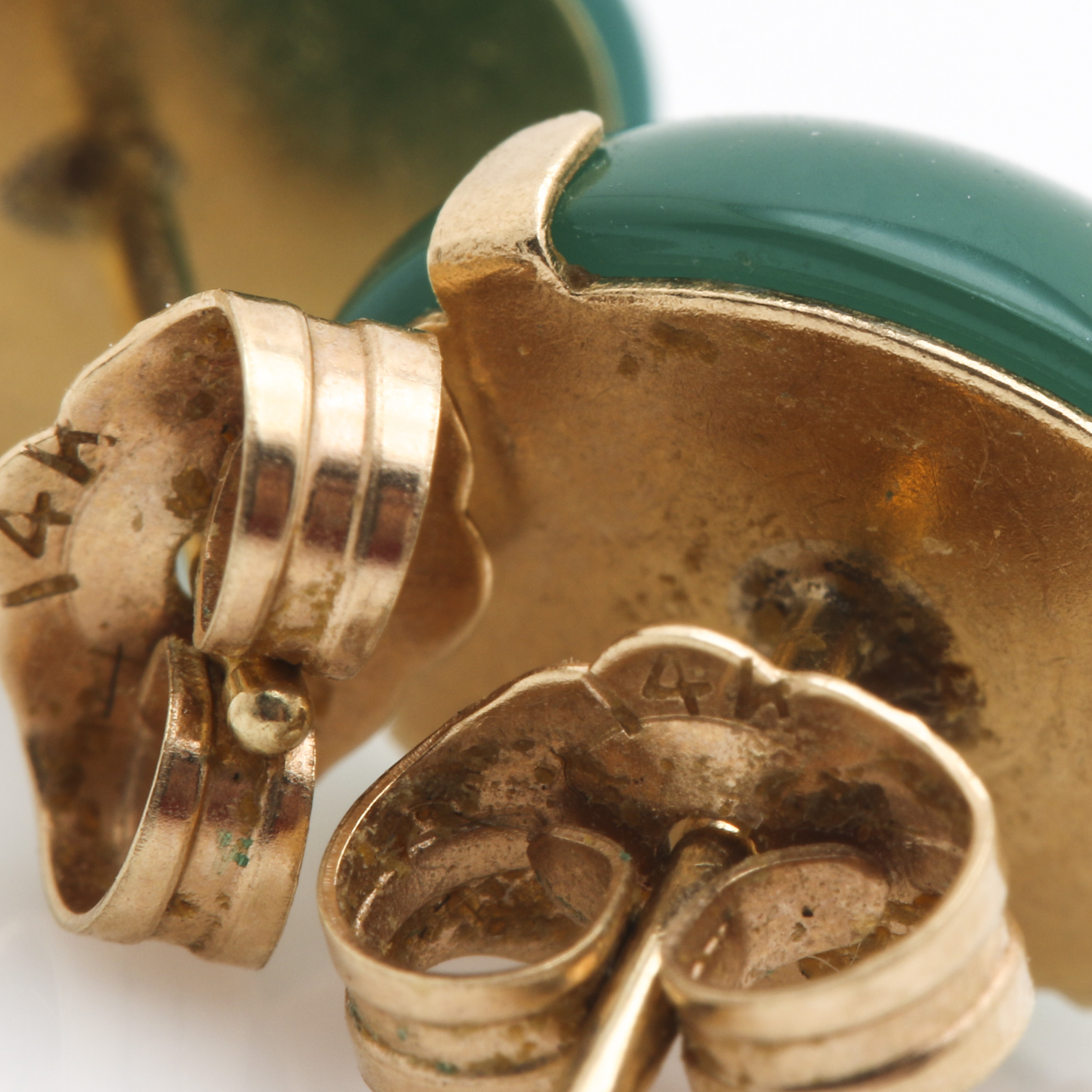 Two Pairs of 14K Yellow Gold Earrings Featuring Peridot and Chalcedony