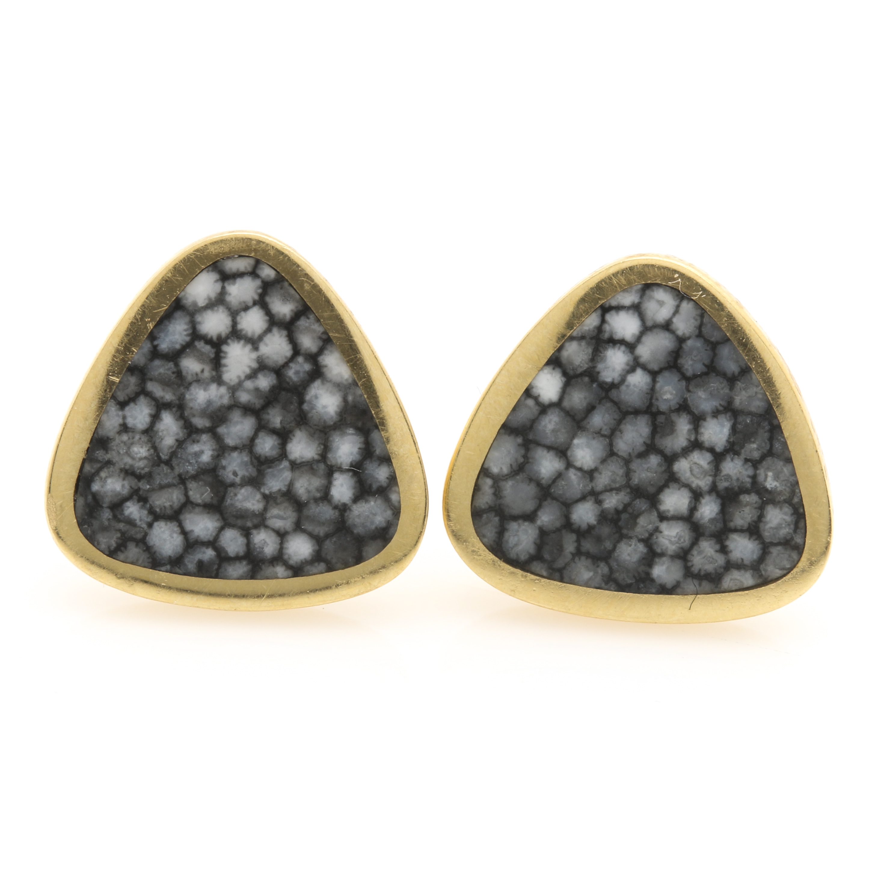 18K Yellow Gold Fossilized Coral Studs and Cultured Pearl Pendant