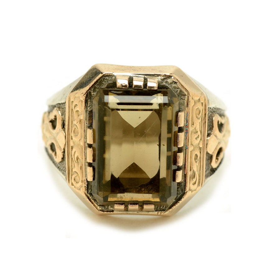 Men's Sterling Silver and 9K Yellow Gold Smoky Quartz Ring