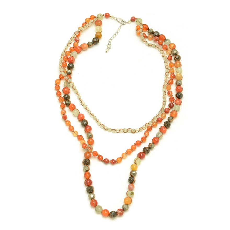 Multi-Strand and Multi-Color Stone Beaded Necklace with Sterling