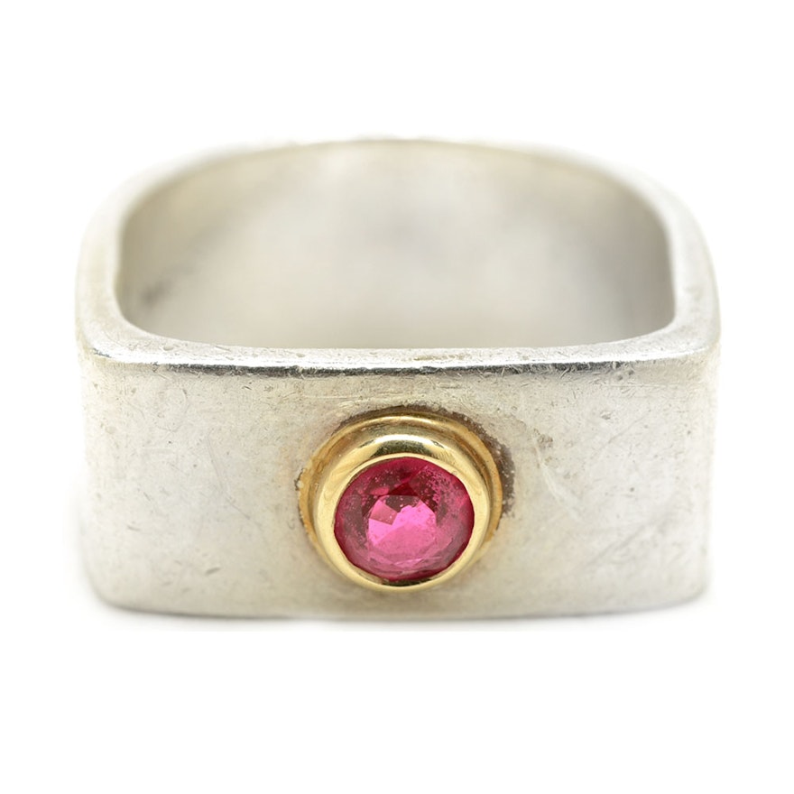 Sterling Silver and 14K Yellow Gold Synthetic Ruby Ring