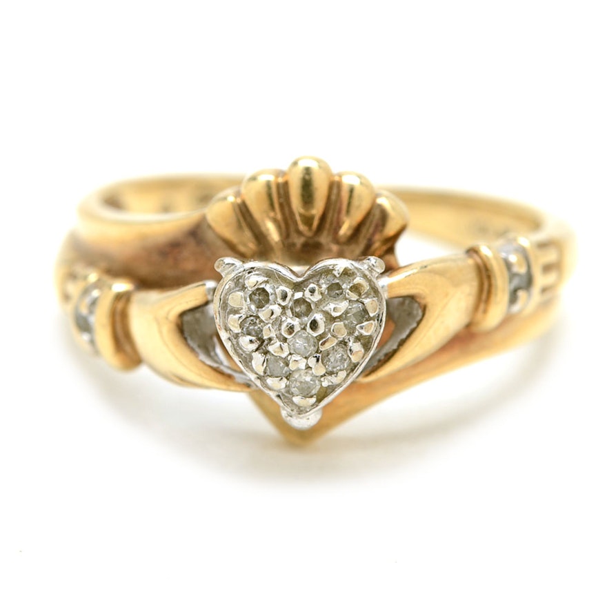 10K Yellow Gold and Diamond Irish Claddagh Ring