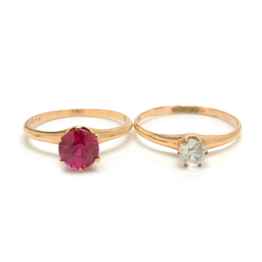 Vintage 10K Yellow Gold Synthetic Ruby Ring and 10K Glass Ring