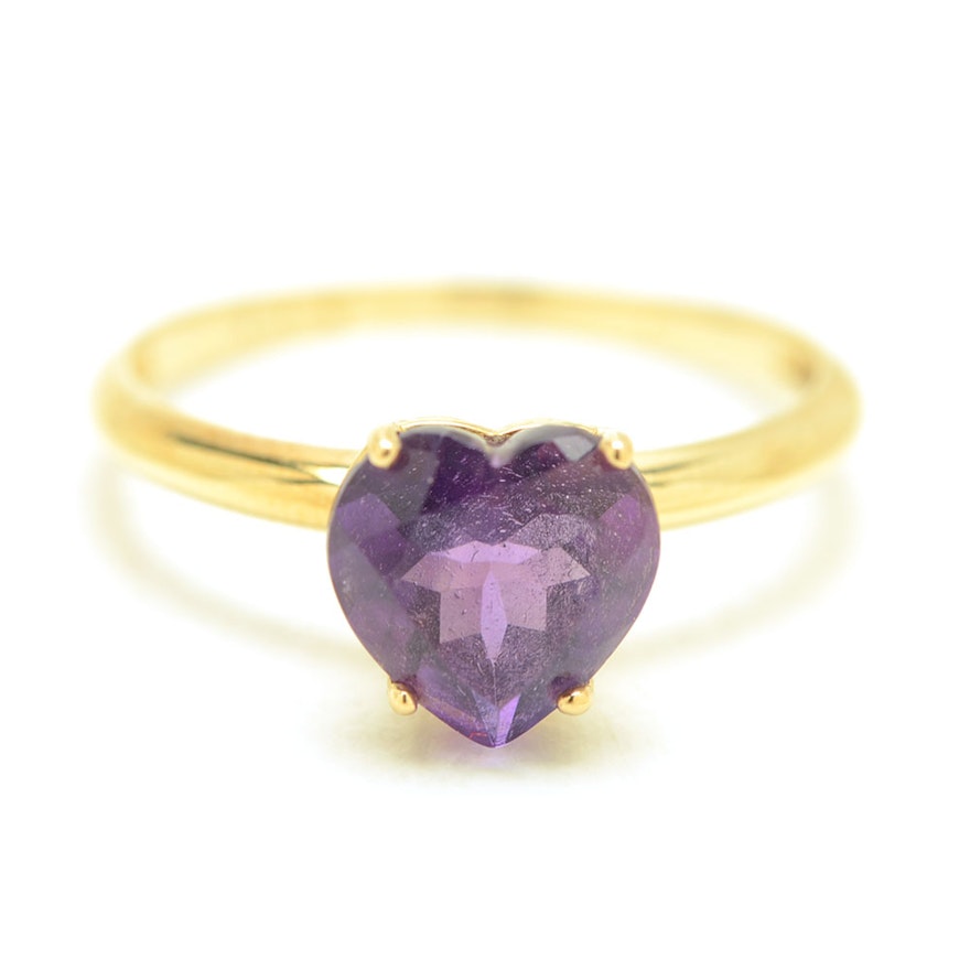 14K Yellow Gold Heart Shape Amethyst Ring