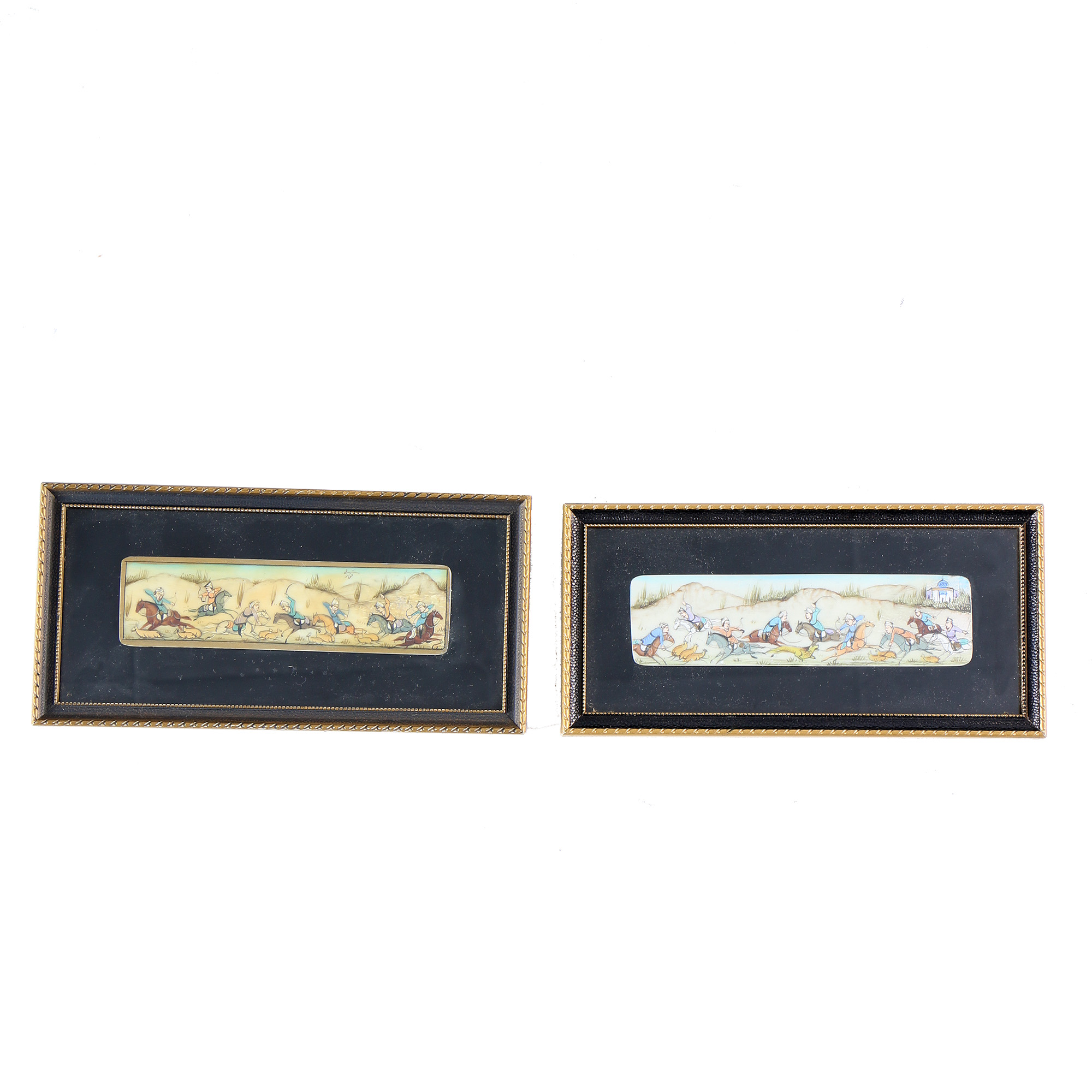 Miniature Gouache Paintings on Bone of Persian Hunting Scenes