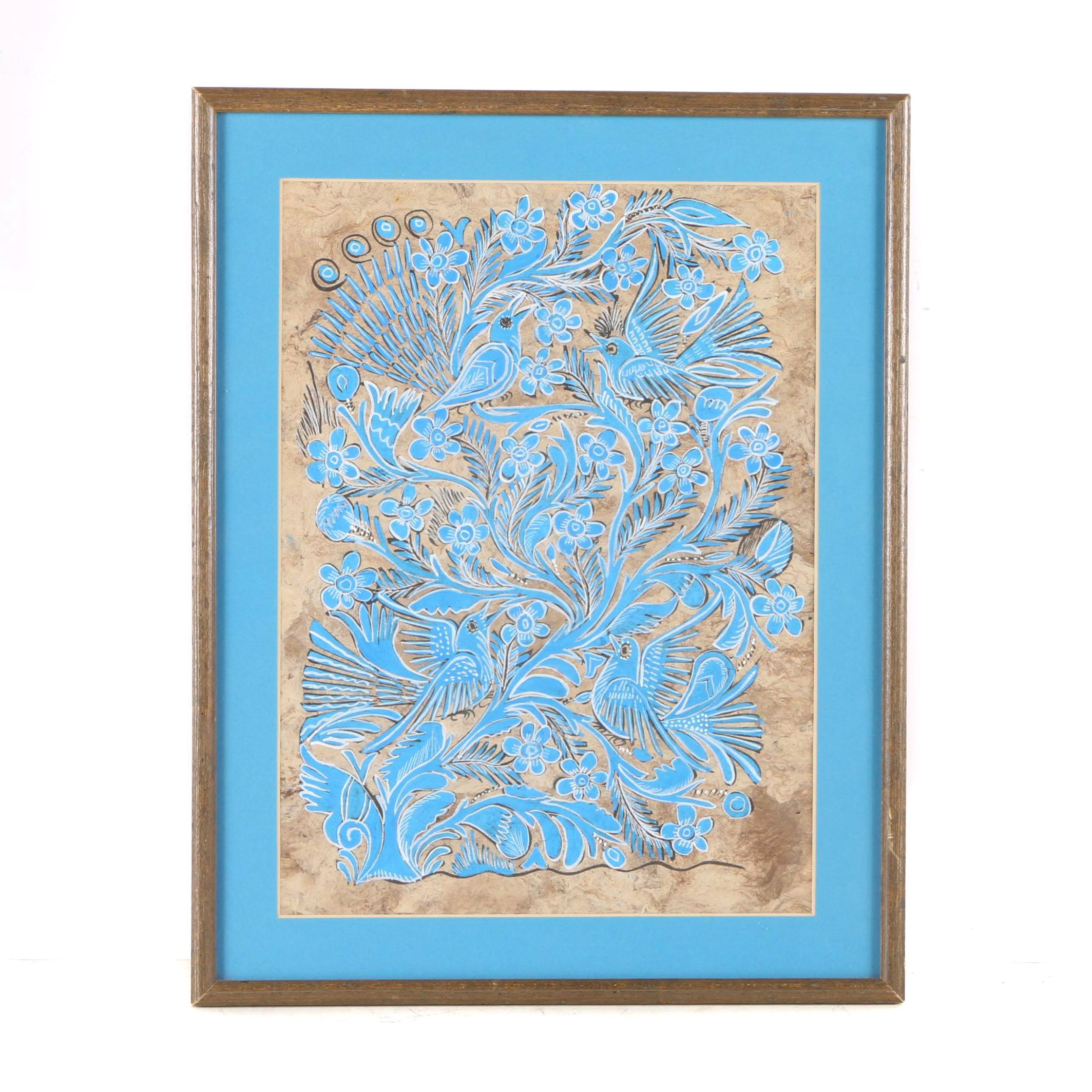 Gouache Painting of Birds and Flowers on Parchment Style Paper