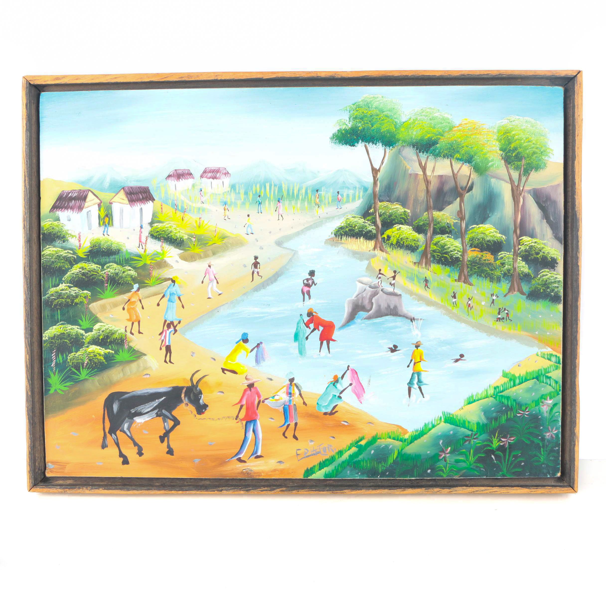 Framed Acrylic Painting of Figures in a Pond