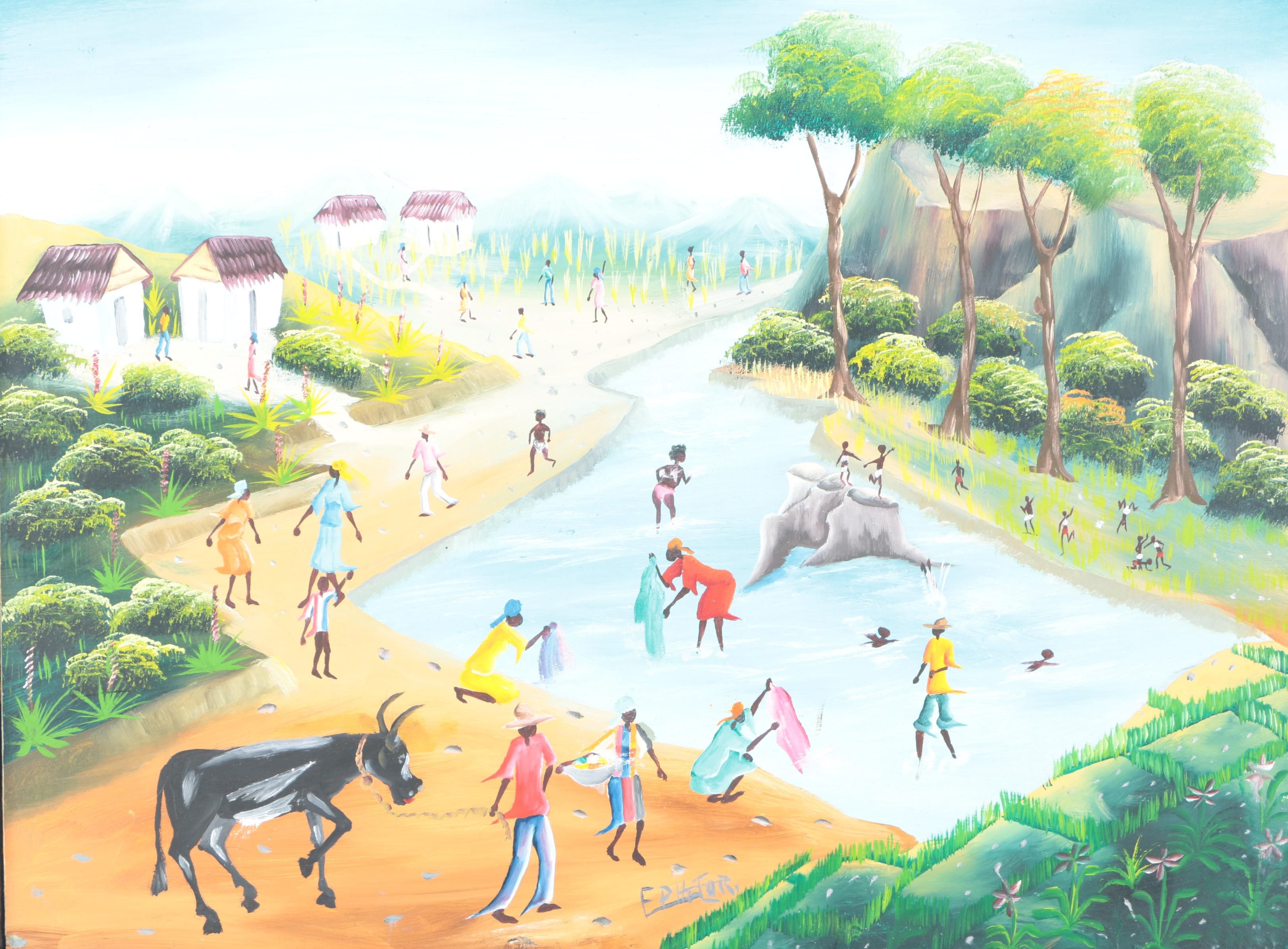 Framed Acrylic Painting of Figures in a Pond