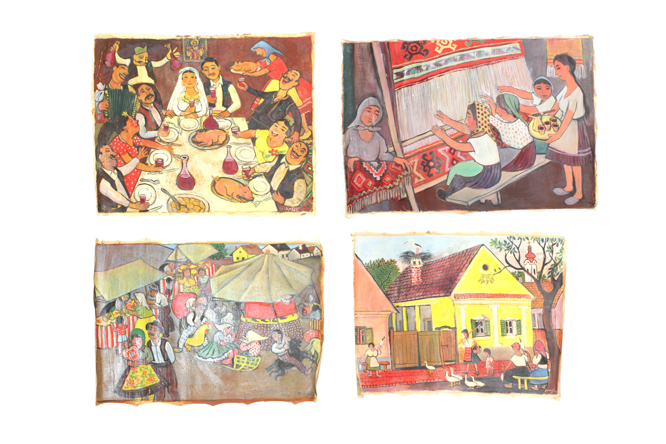Collection of Four Eastern European Folk Art Cloth Paintings