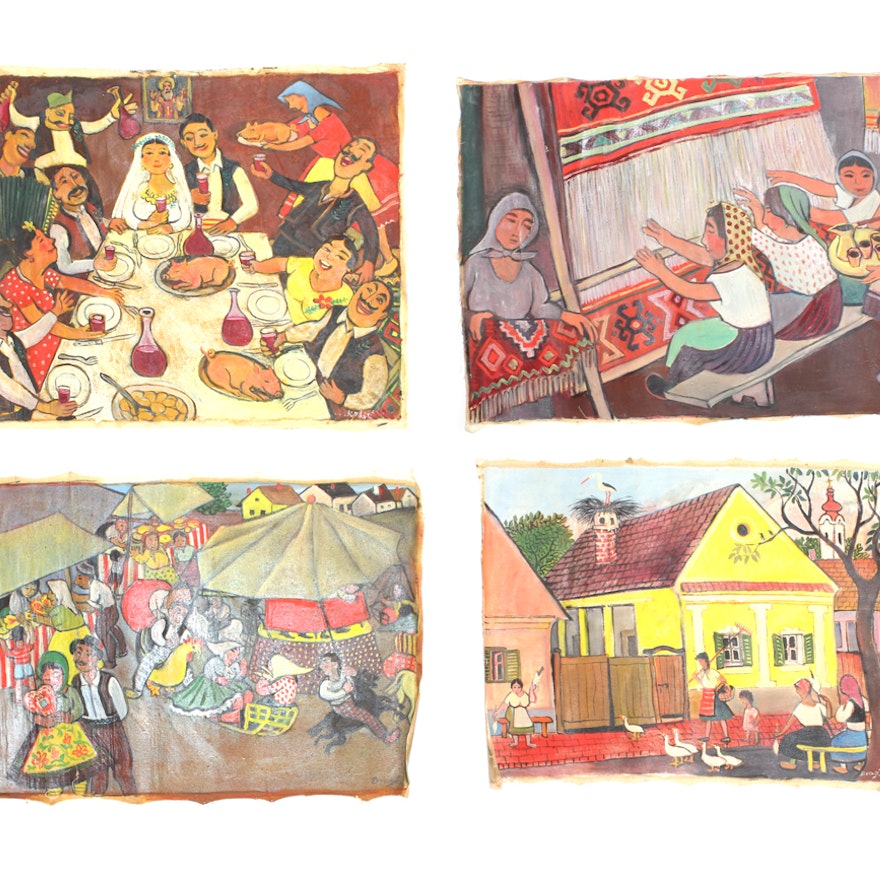 Collection of Four Eastern European Folk Art Cloth Paintings