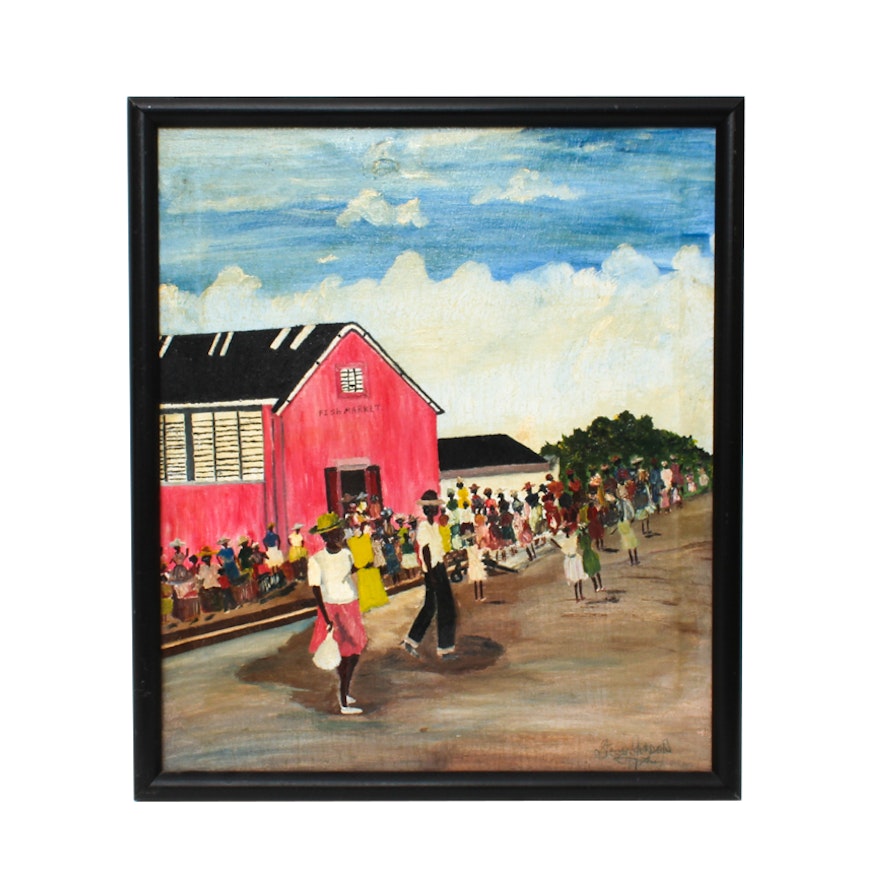 Steve Gordon African American Folk Art Oil Painting "Fish Market"