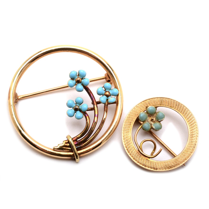 Two Vintage 10K and 14K Yellow Gold Enameled Floral Openwork Pins