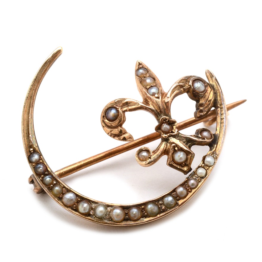Victorian 10K Yellow Gold Seed Pearl Fleur-De-Lis and Crescent Moon Pin