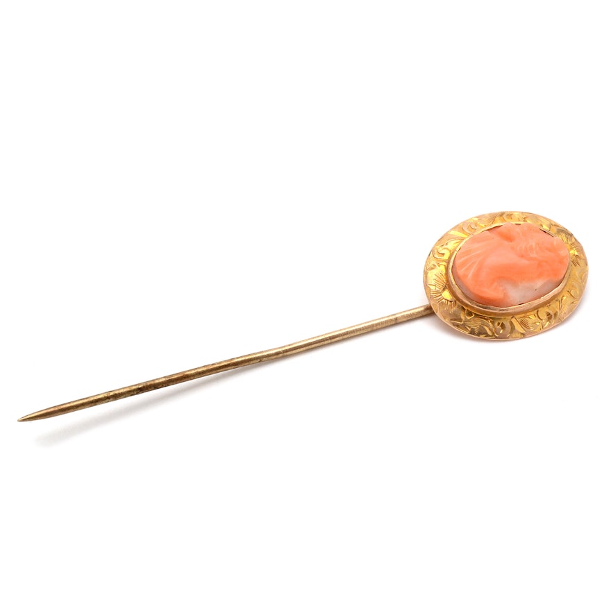 Victorian 10K Yellow Gold Carved Coral Cameo Engraved Stickpin