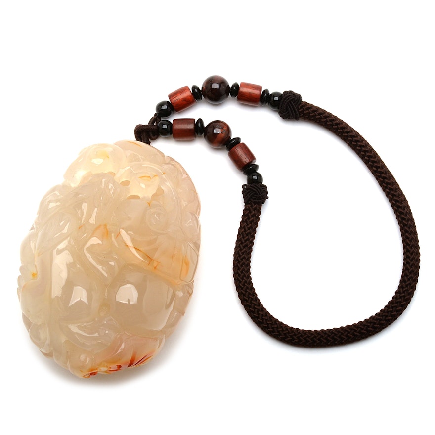 Chinese Carved Agate with Tiger's Eye and Wooden Beads with Cord