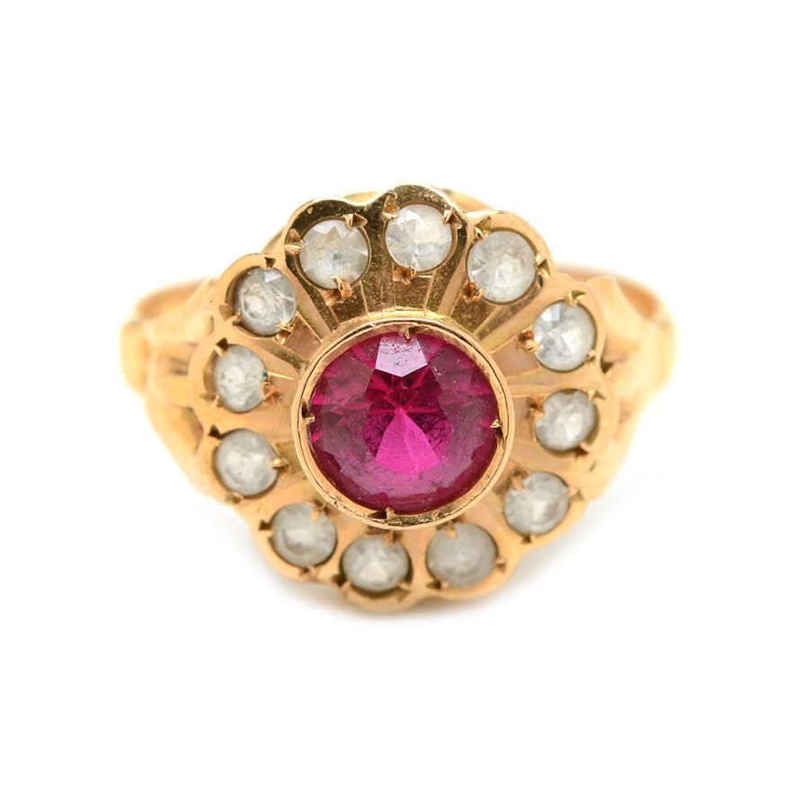 Vintage 14K Yellow Gold Synthetic Ruby and Quartz Floral Ring