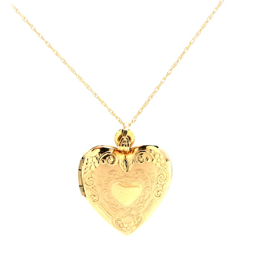 14K Yellow Gold Heart Locket Pendant Necklace