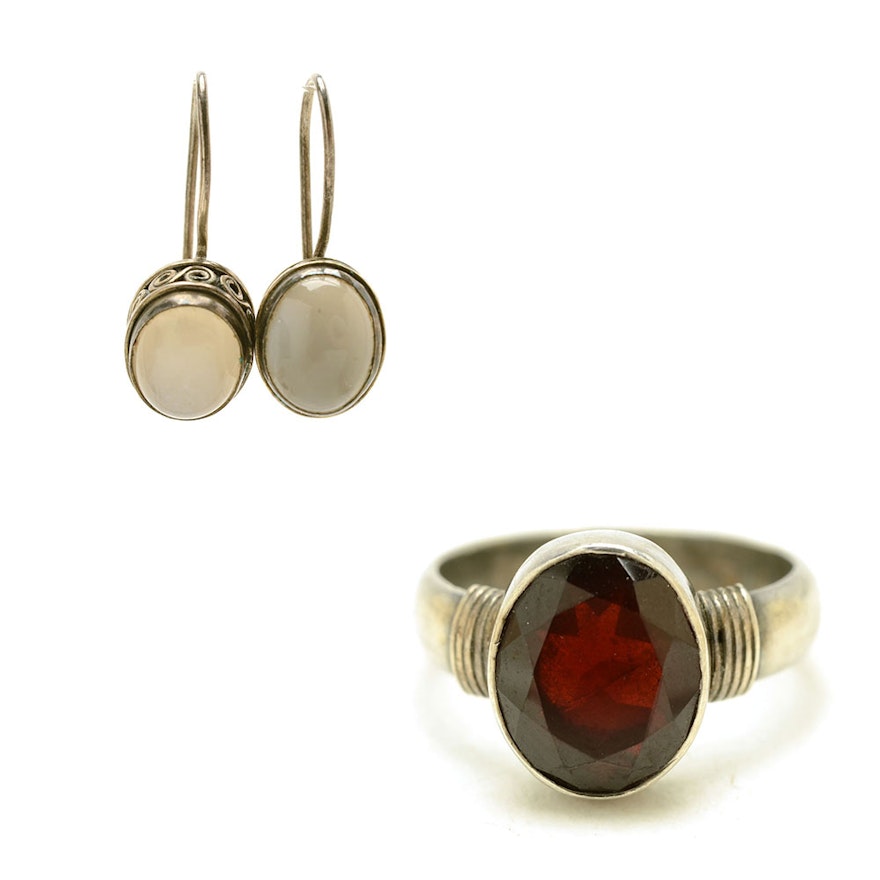 Sterling Silver Garnet Ring and Moonstone Pierced Earrings