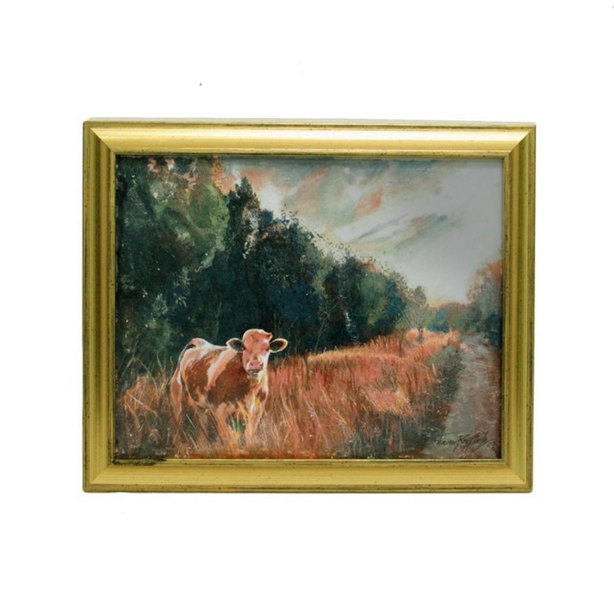 Sharon Roy Finch Oil Painting on Board of Cow in Tree-Lined Field