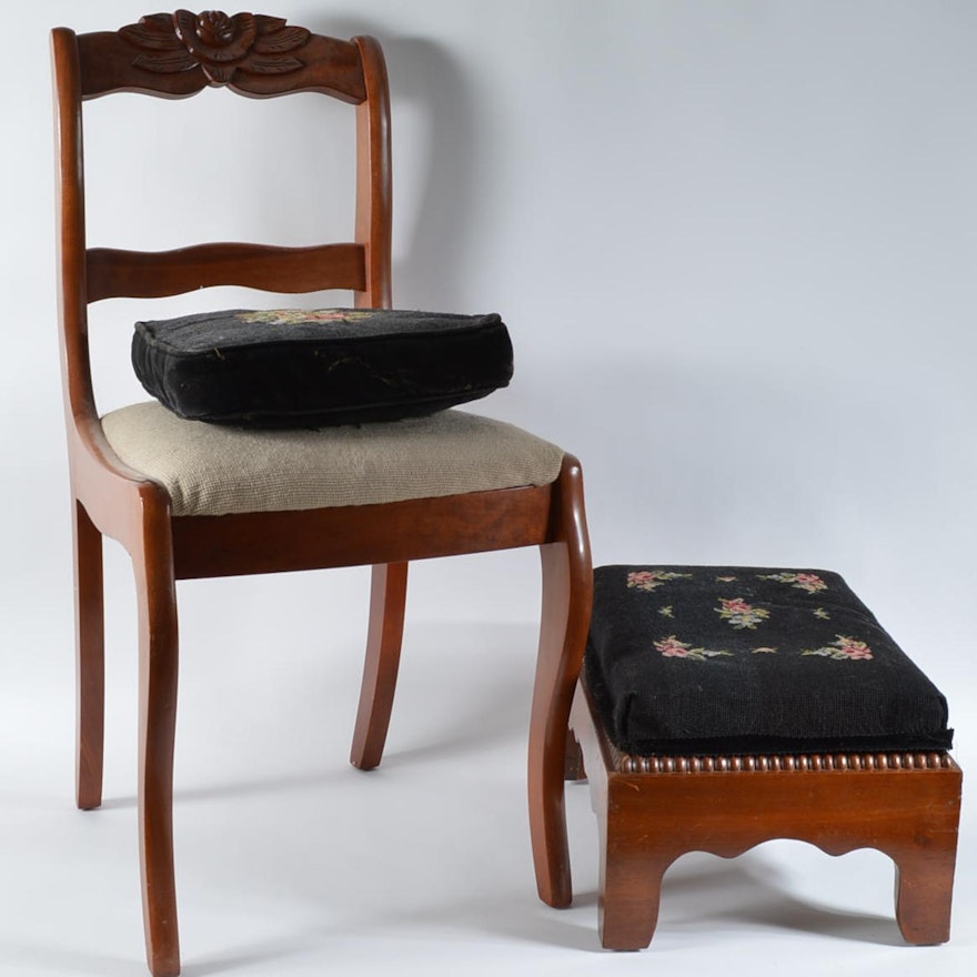 Chair, Footstool, and Pillow with Needlepoint Accents