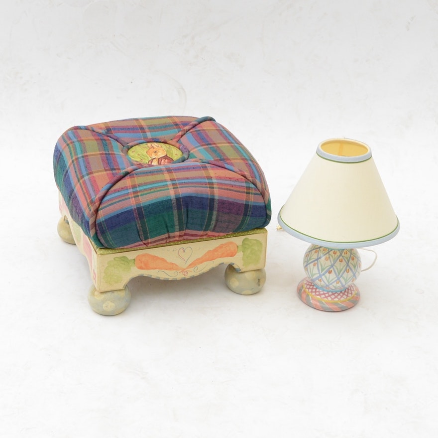Plaid Rabbit Footstool and a Lamp