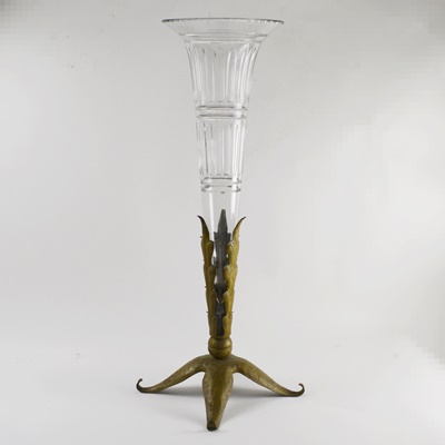 Vintage Glass and Bronze Trumpet Floor Vase